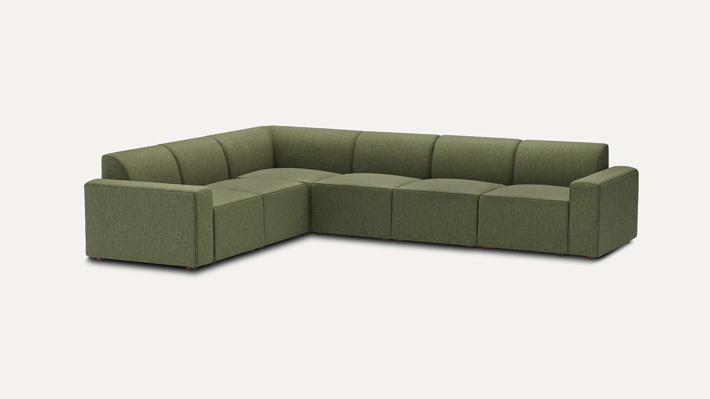 modern olive green fabric l - shaped sectional sofa with tufted back cushions and matching ottoman, featuring a tapered, tapered