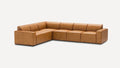 modern l - shaped sectional sofa in light brown leather with matching ottoman, featuring tapered seats and a sleek backrest