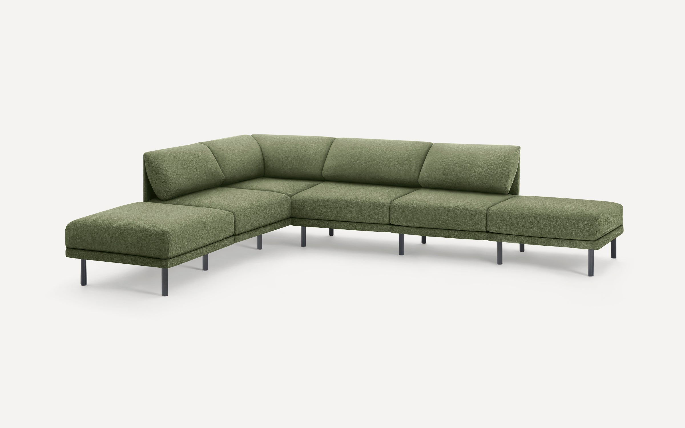 Modern olive green sectional sofa with clean lines, metal legs, and cushioned seats and backrests for comfortable seating.