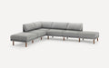 Modern L-shaped sectional sofa with light gray fabric upholstery and wooden legs, designed for spacious seating.