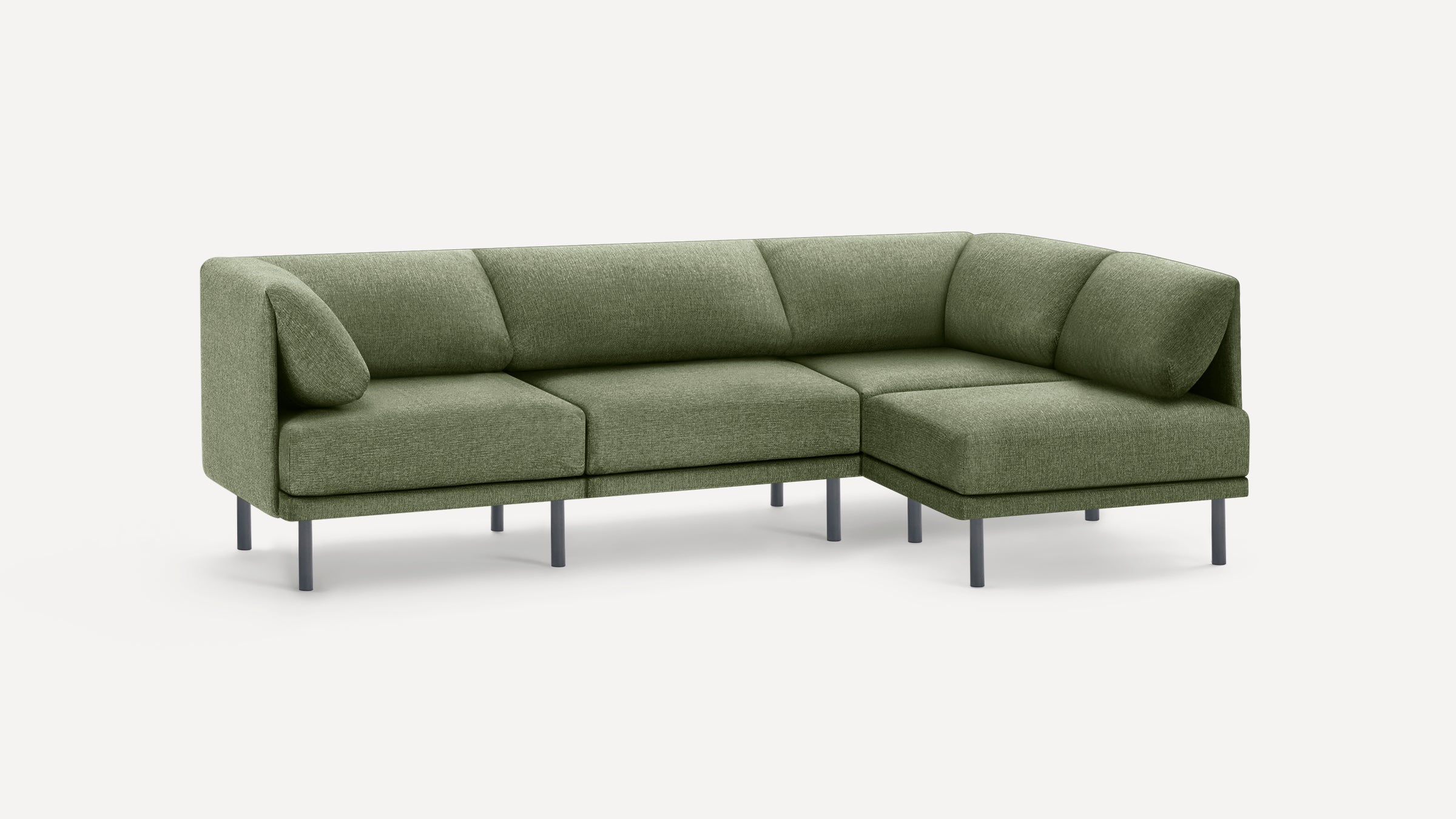 Modern green fabric sectional sofa with metal legs, featuring clean lines and a low-profile design.