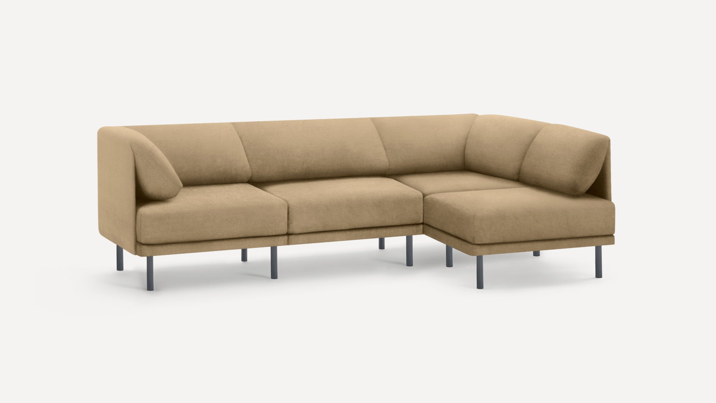 Modern beige L-shaped sectional sofa with cushioned seats and backs, supported by slim black metal legs on a white background.