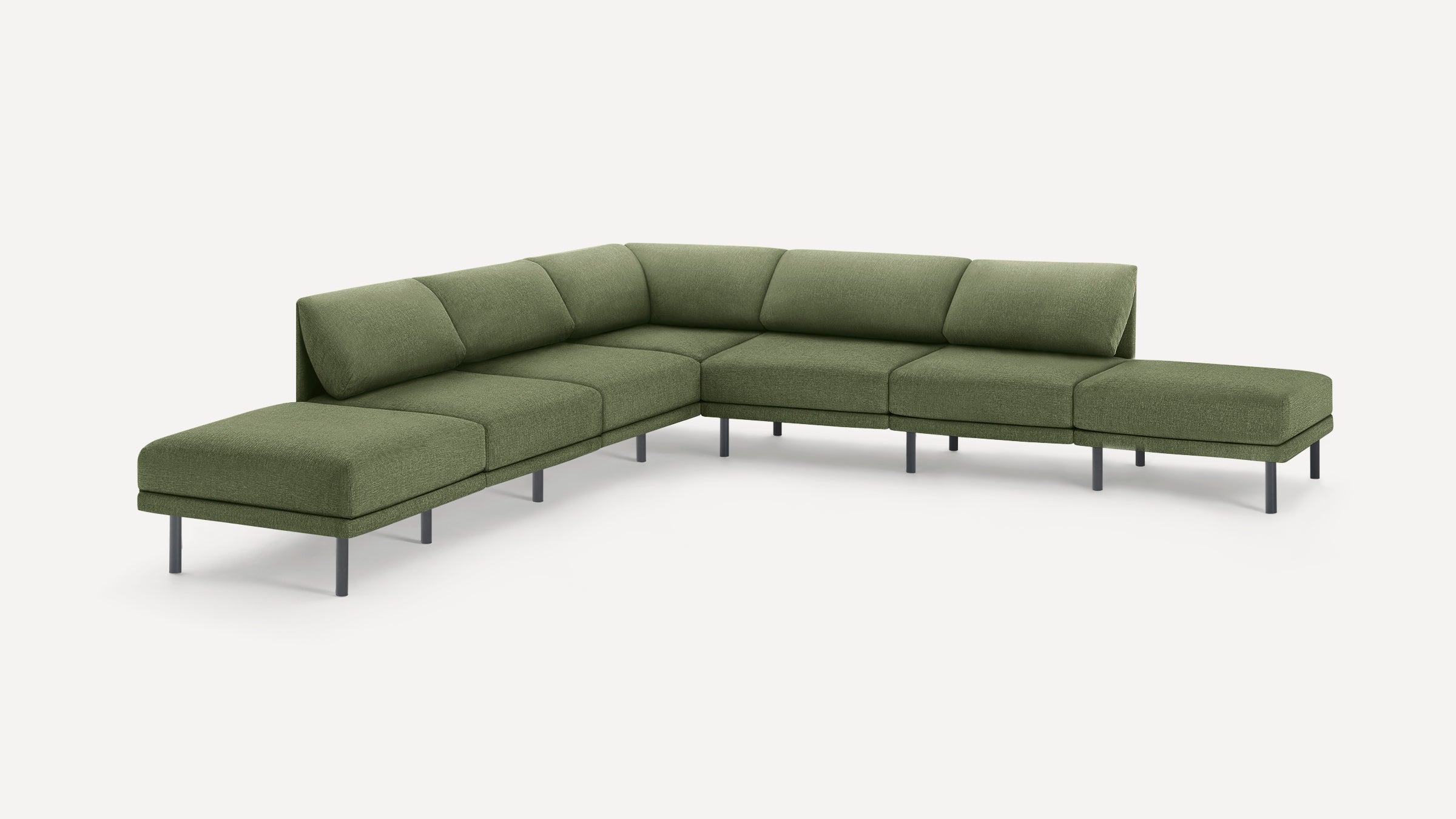 Modern sectional sofa in olive green fabric with clean lines, cushioned backrests, and slim black metal legs.