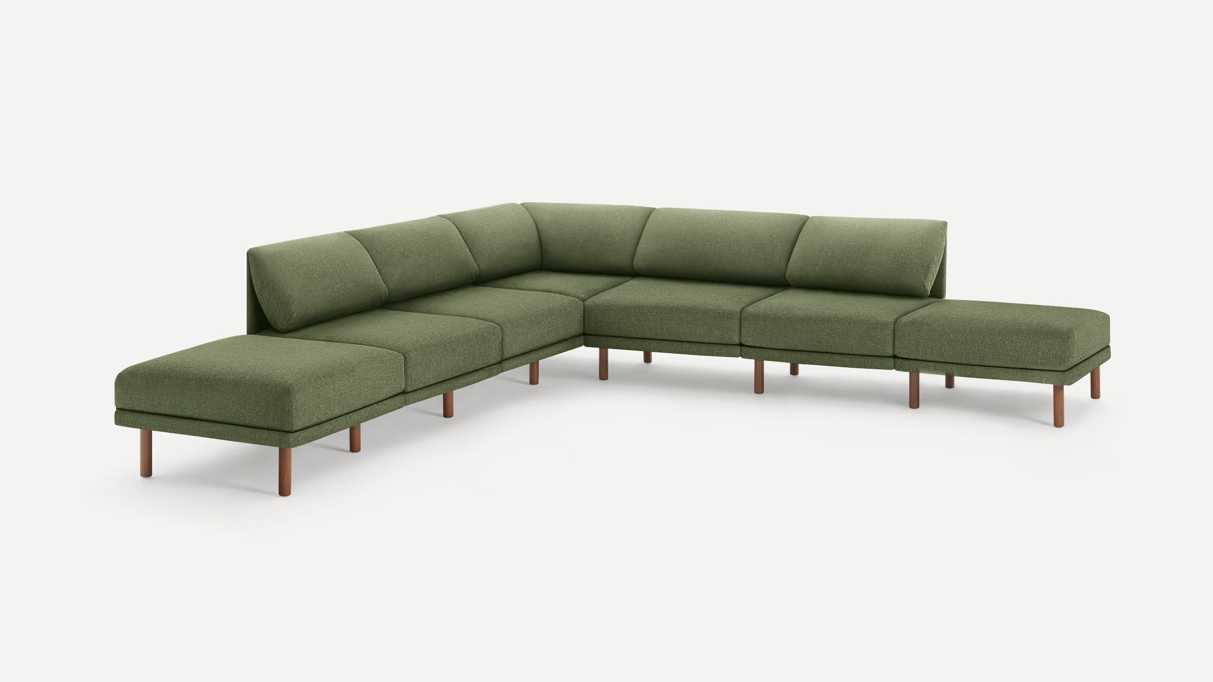 Modern olive green sectional sofa with plush cushions and wooden legs, designed for spacious corner seating.