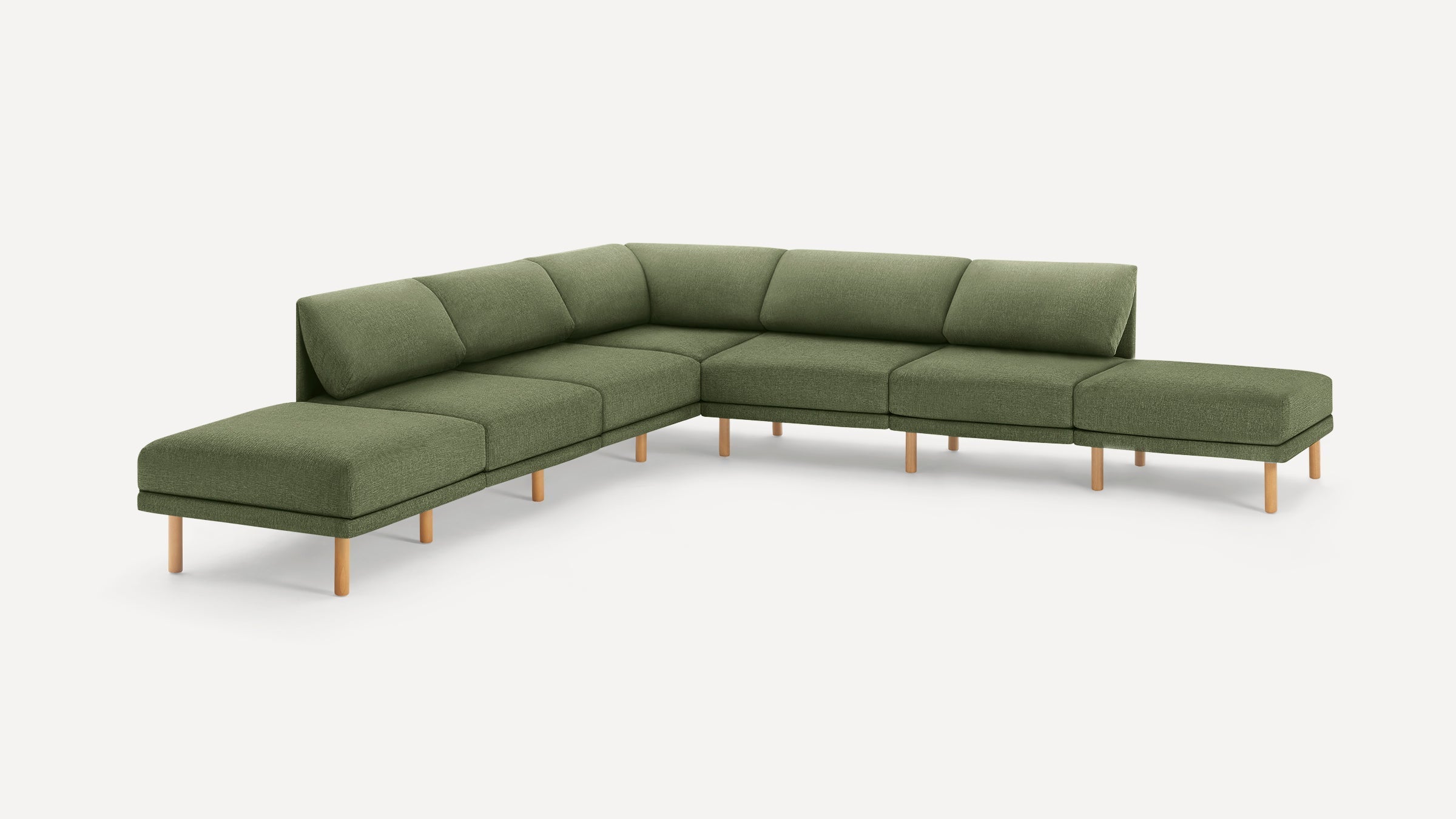 Modern olive green fabric sectional sofa with wooden legs and clean, minimalist design.