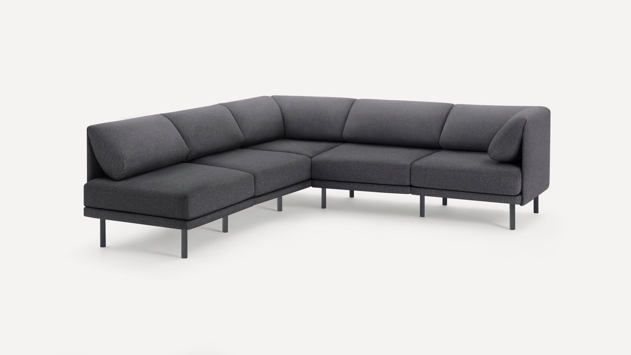 Modern dark gray fabric sectional sofa with metal legs, featuring clean lines and cushioned backrests and seats.