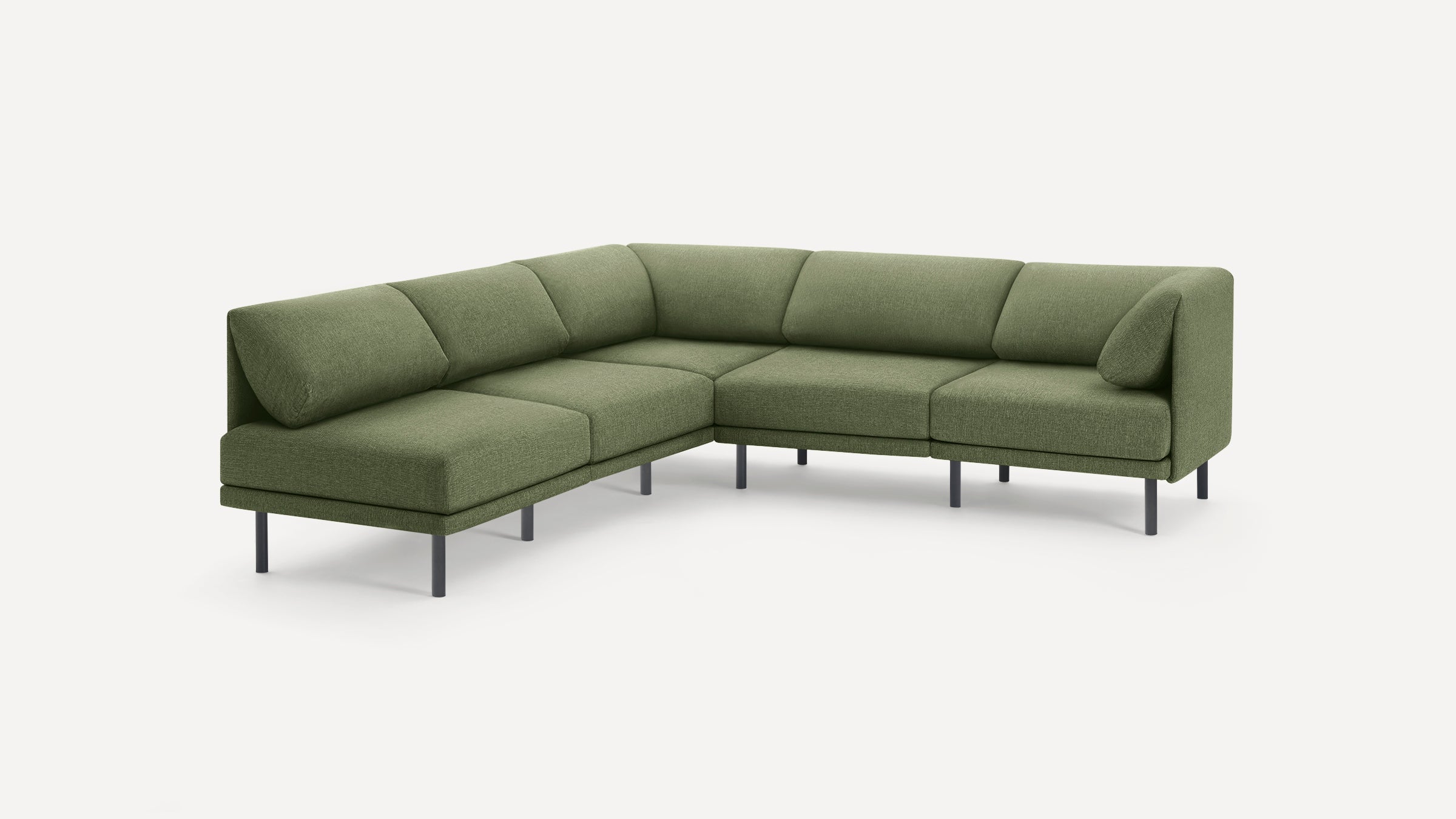 Modern olive green L-shaped sectional sofa with slim black legs and soft, cushioned backrests.