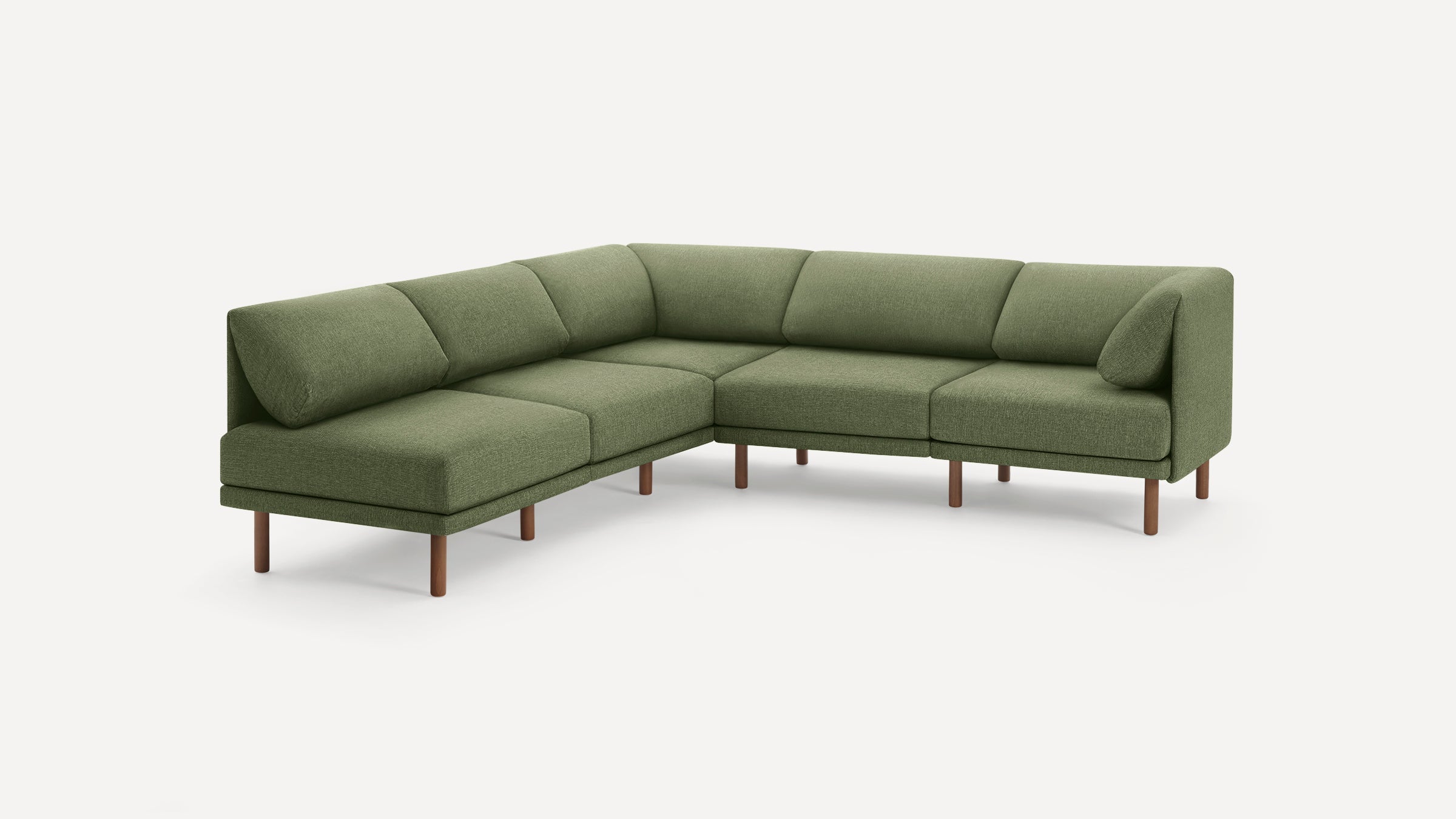 Modern L-shaped sectional sofa with olive green fabric upholstery and wooden legs, featuring clean lines and cushioned backrests.