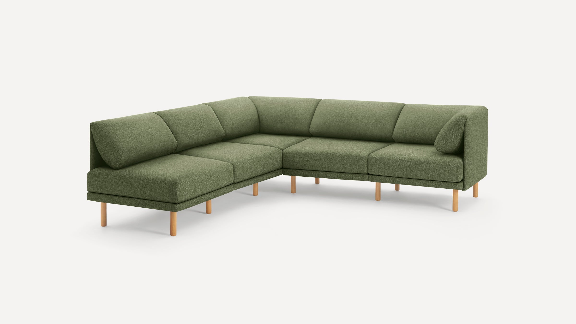 L-shaped modern sectional sofa in olive green fabric with wooden legs and clean, minimalist design.