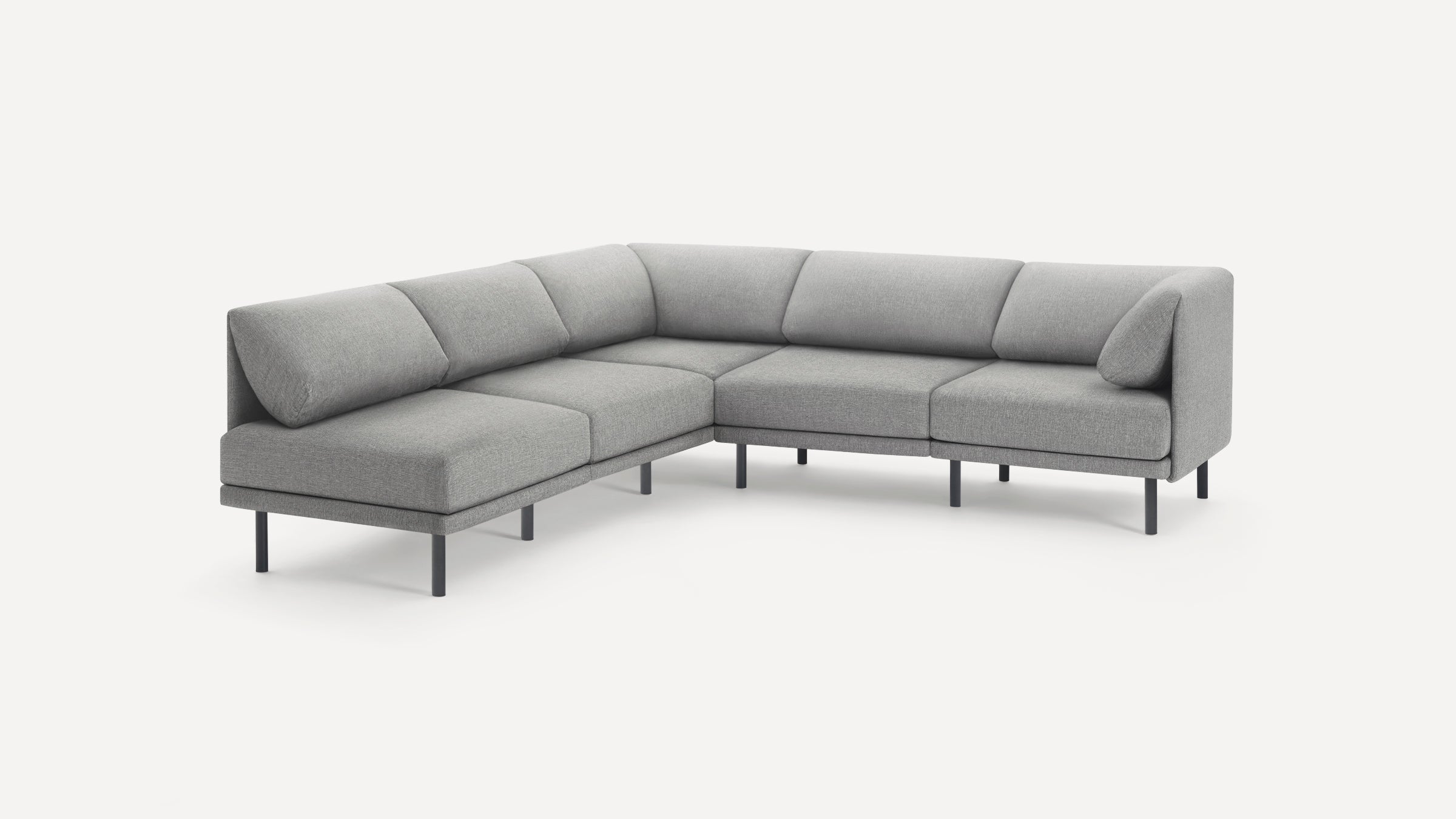 Modern light gray fabric sectional sofa with clean lines, corner design, and slim dark metal legs on white background.
