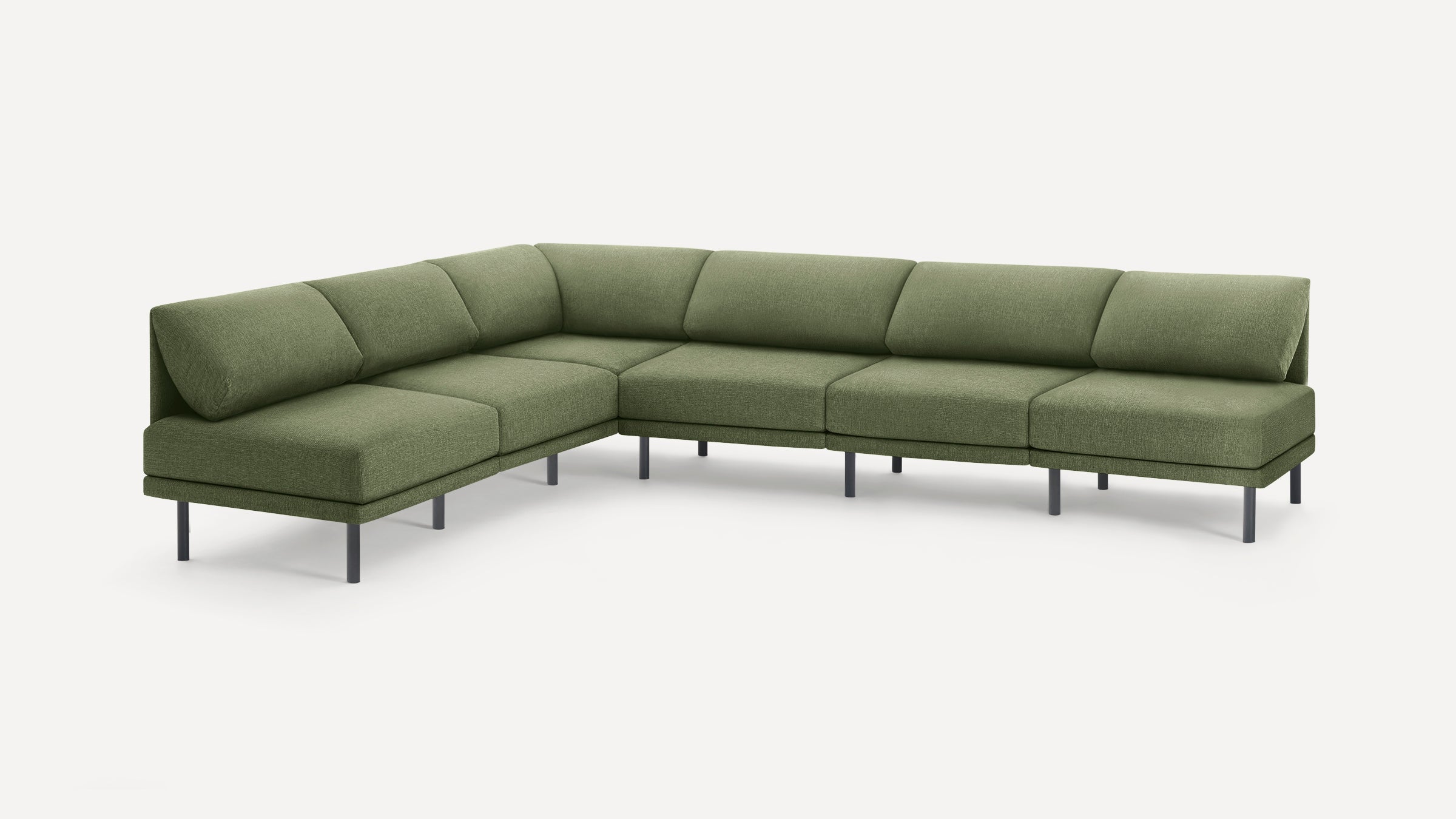 Modern L-shaped sectional sofa with olive green fabric upholstery and slender black metal legs, minimalistic design.