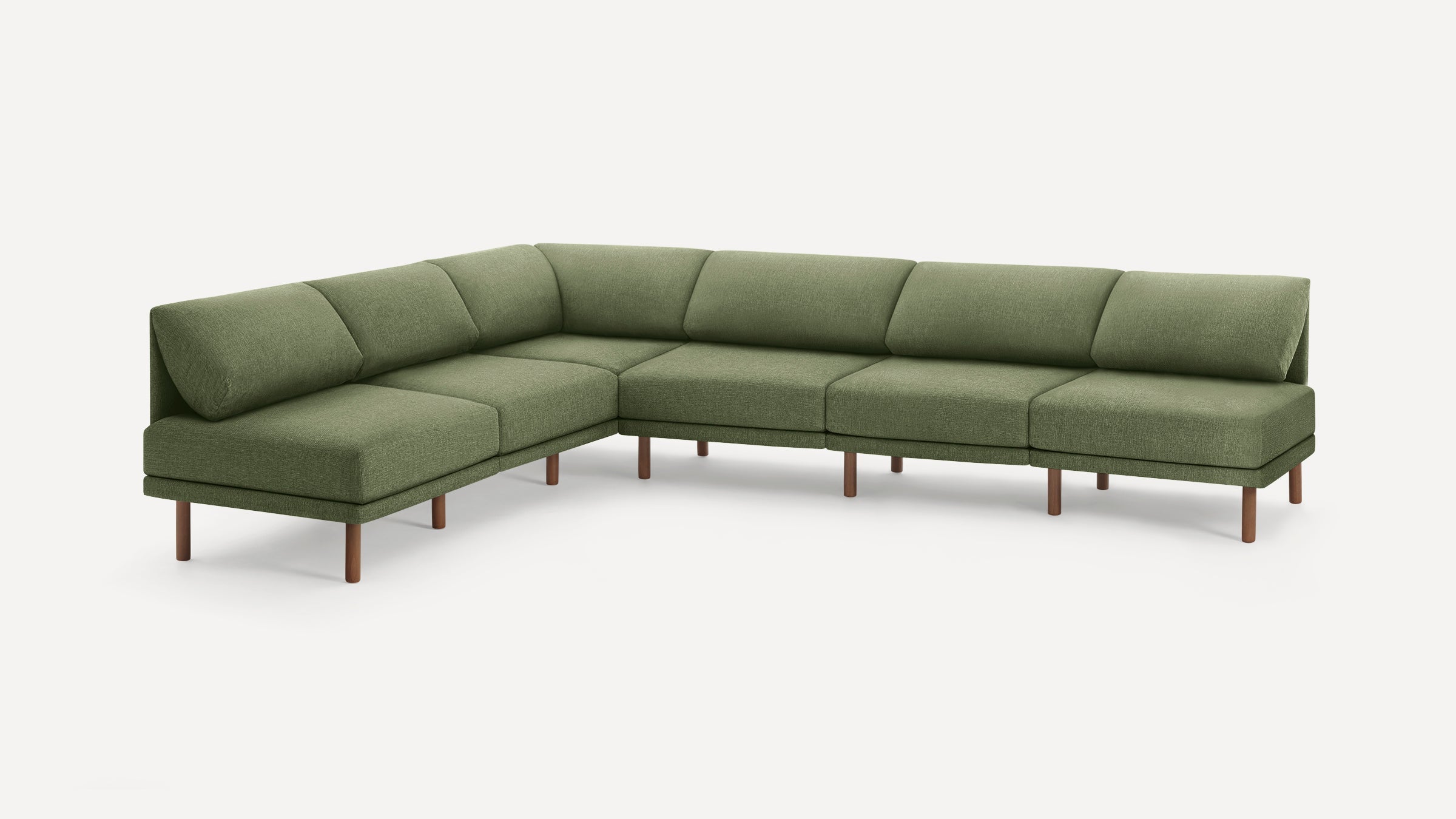Modern olive green sectional sofa with wooden legs, featuring plush cushions and an L-shaped design for spacious seating.