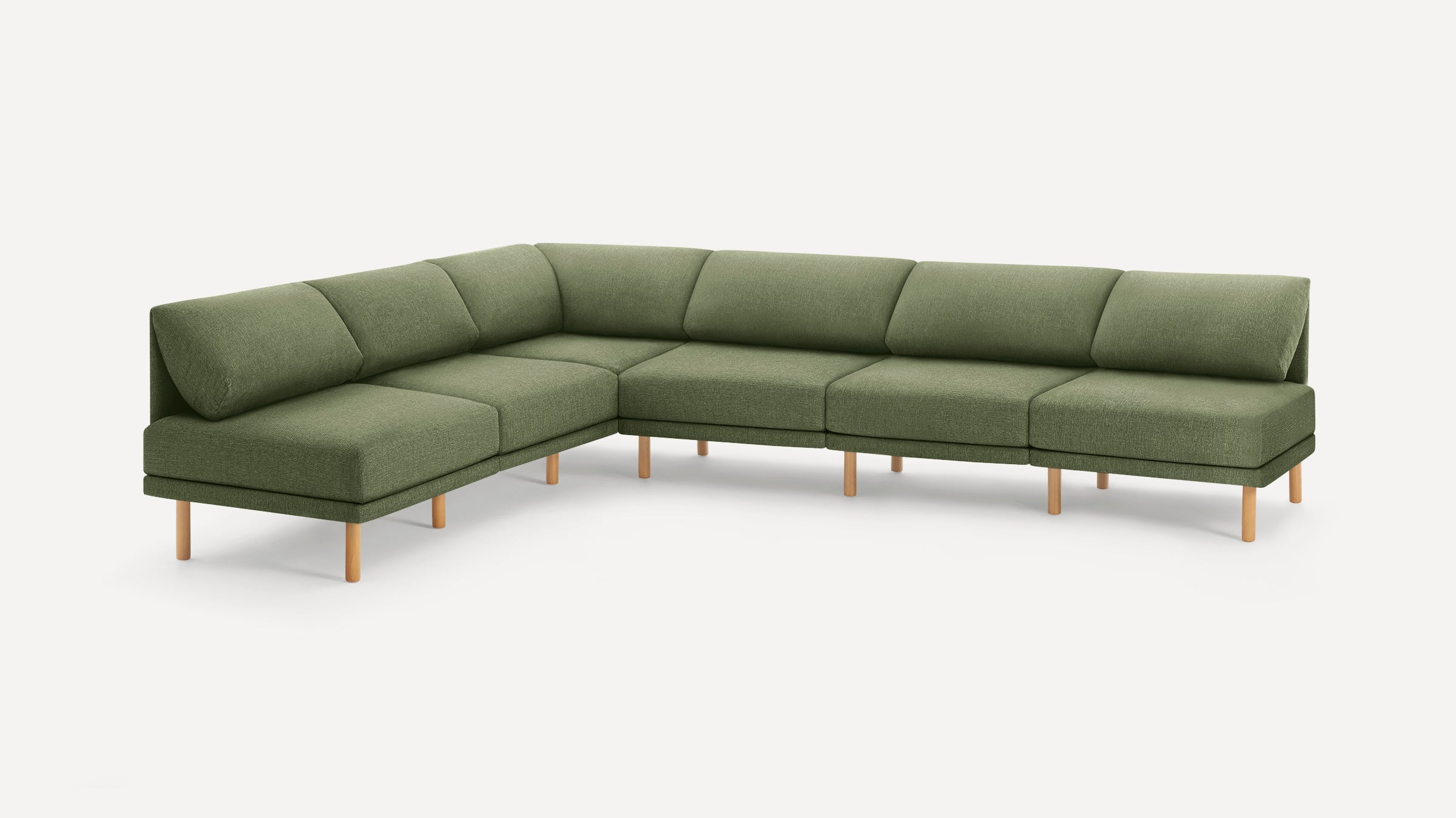 Modern L-shaped sectional sofa with olive green fabric upholstery and light wooden legs, featuring cushioned backrests and seats.