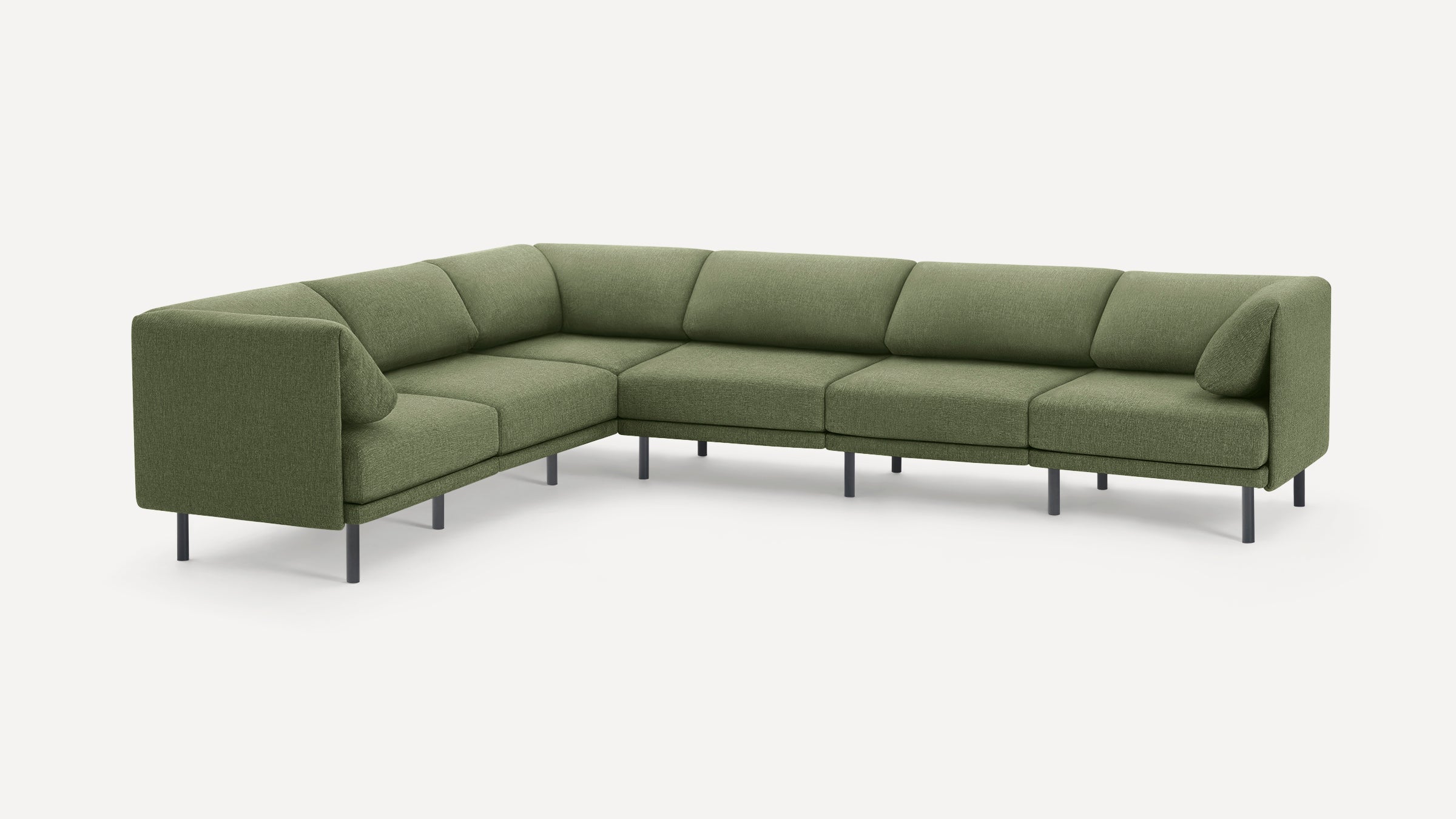 Modern L-shaped sectional sofa with green fabric upholstery, slim black legs, and plush cushions for comfortable seating.