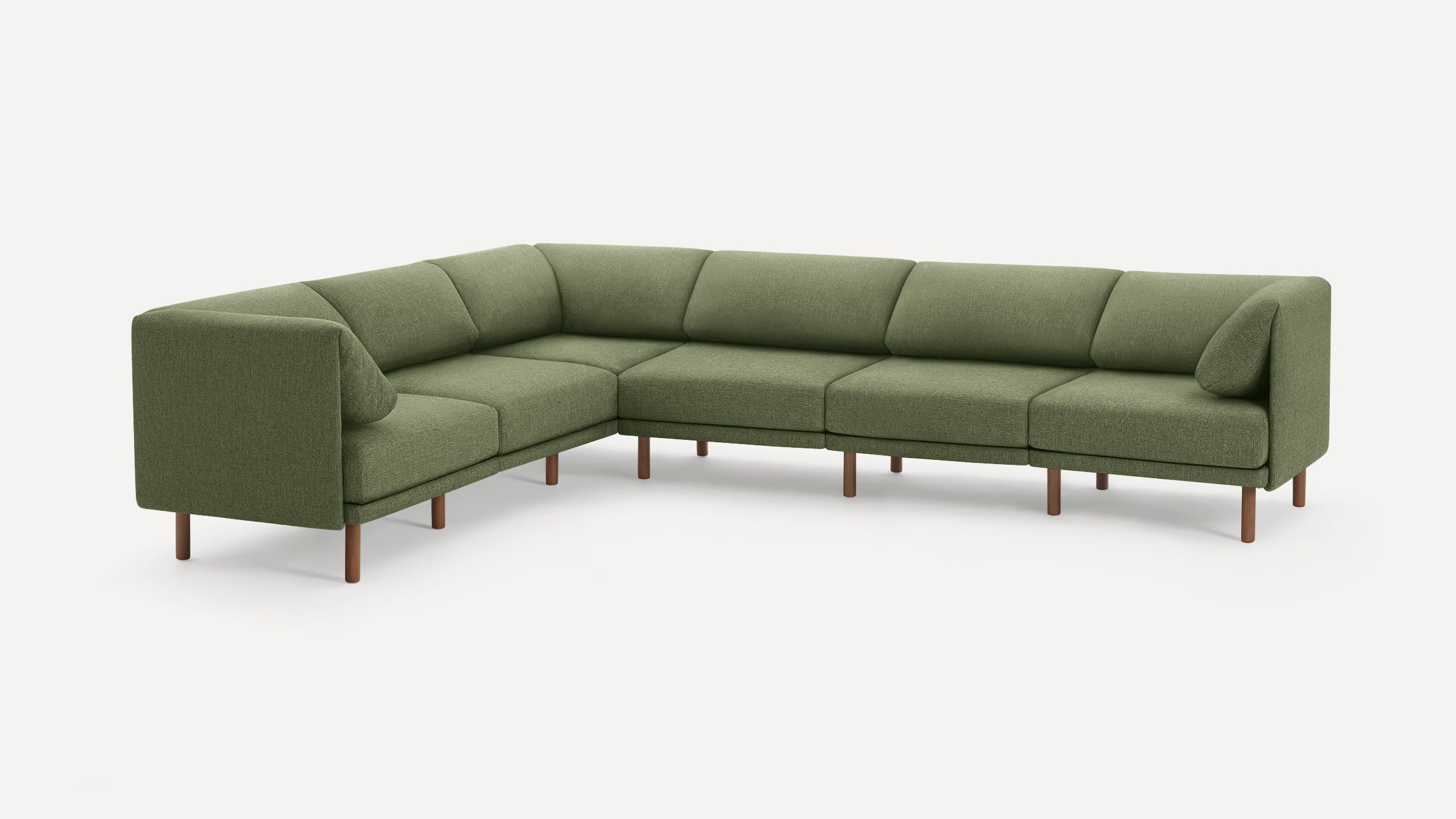 Modern L-shaped sectional sofa with olive green fabric upholstery and wooden legs, featuring cushioned seats and backrests.