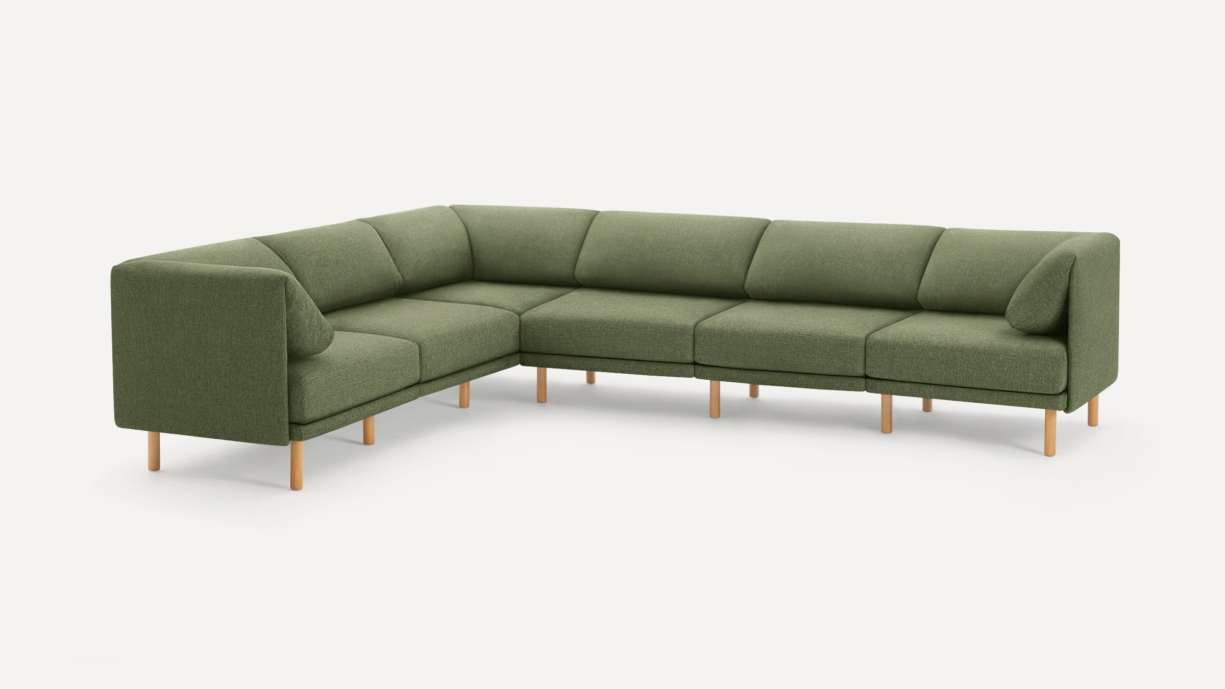 Modern L-shaped sectional sofa in olive green fabric with wooden legs and cushioned armrests on both ends.