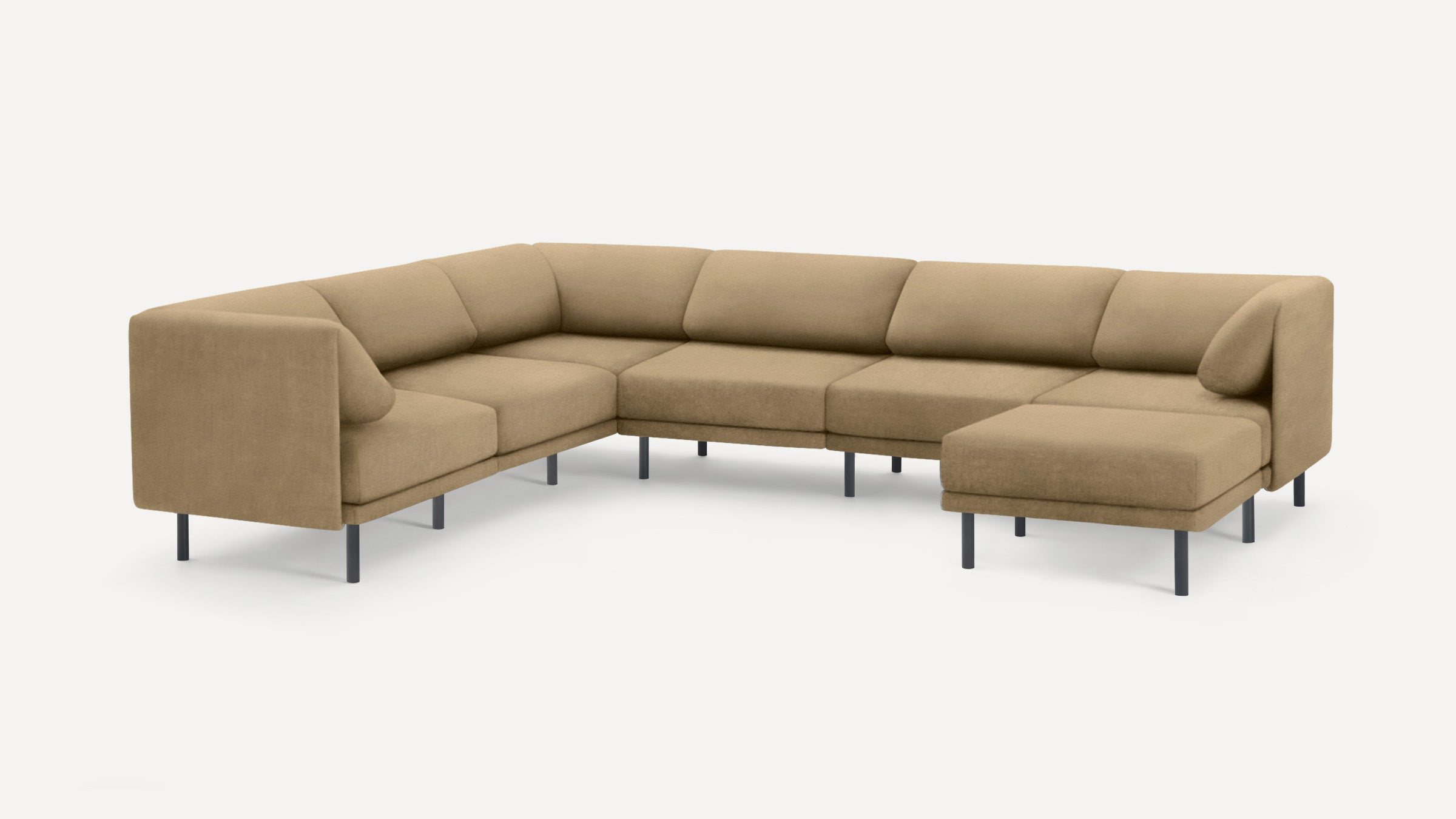L-shaped sectional sofa with beige fabric upholstery, featuring clean lines, cushioned seats, backrests, and slim black metal legs on a white background.