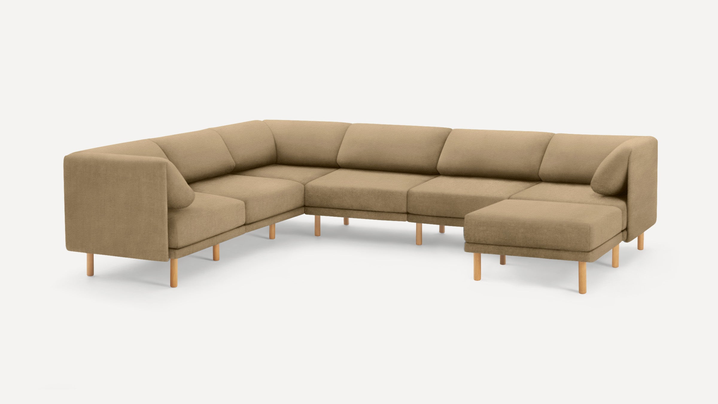 Beige modern sectional sofa with wooden legs, featuring a corner design and cushioned seats and backs, on a white background.