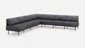 Dark gray modern L-shaped sectional sofa with cushioned seats and backrests, supported by slim metal legs.