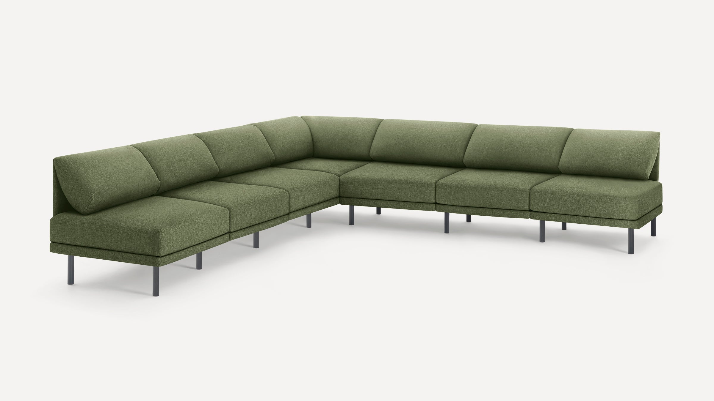 Modern L-shaped sectional sofa in olive green fabric with sleek metal legs and clean, minimalist design.