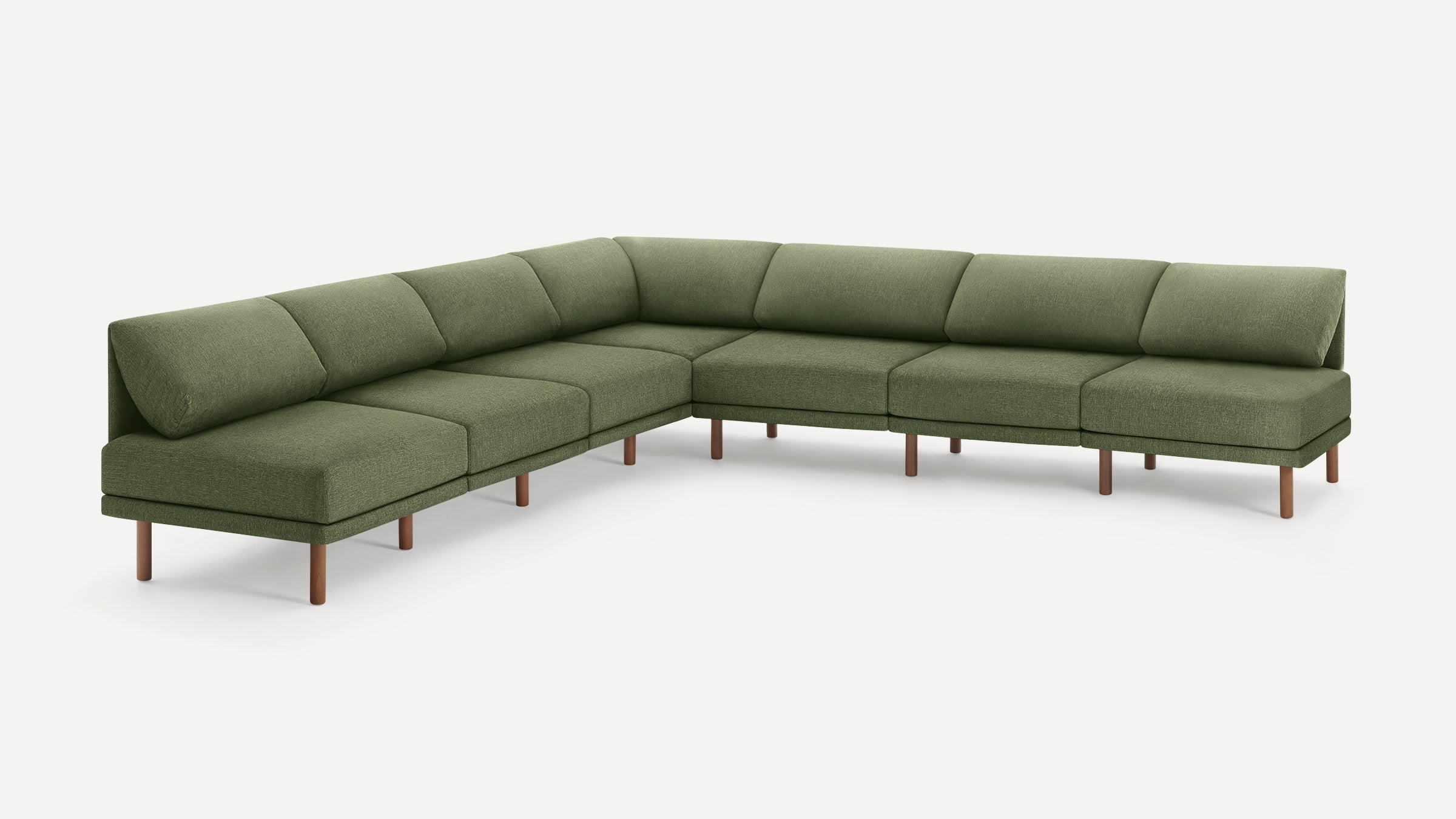 Modern L-shaped sectional sofa with olive green fabric upholstery and wooden legs, featuring low back cushions for comfortable seating.