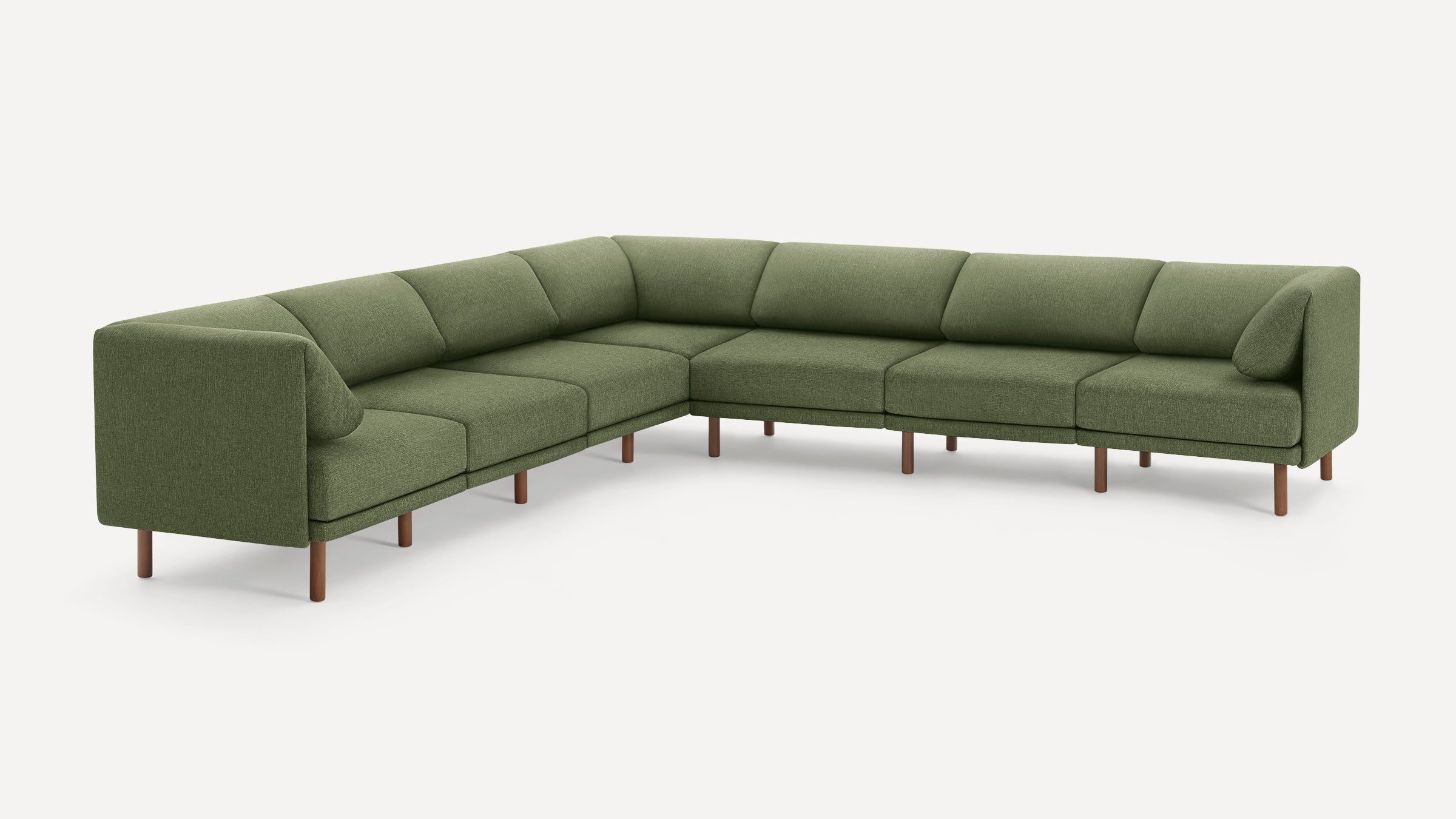 Modern L-shaped sectional sofa with olive green fabric upholstery and wooden legs, featuring clean lines and plush cushions.