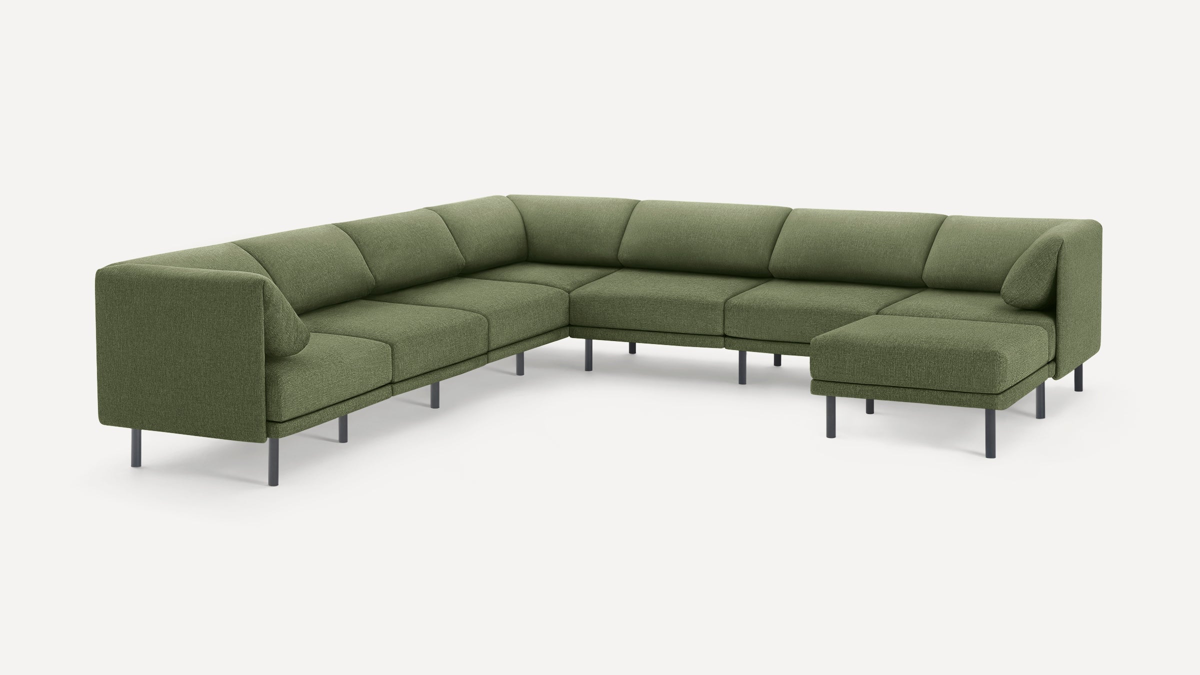 Modern L-shaped sectional sofa in olive green fabric with clean lines, low black metal legs, and cushioned seats and backrests.