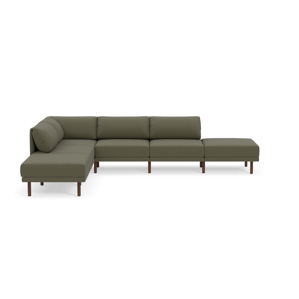 Modern L-shaped sectional sofa with Moss green fabric upholstery and wooden legs, featuring three seat cushions and a chaise lounge.