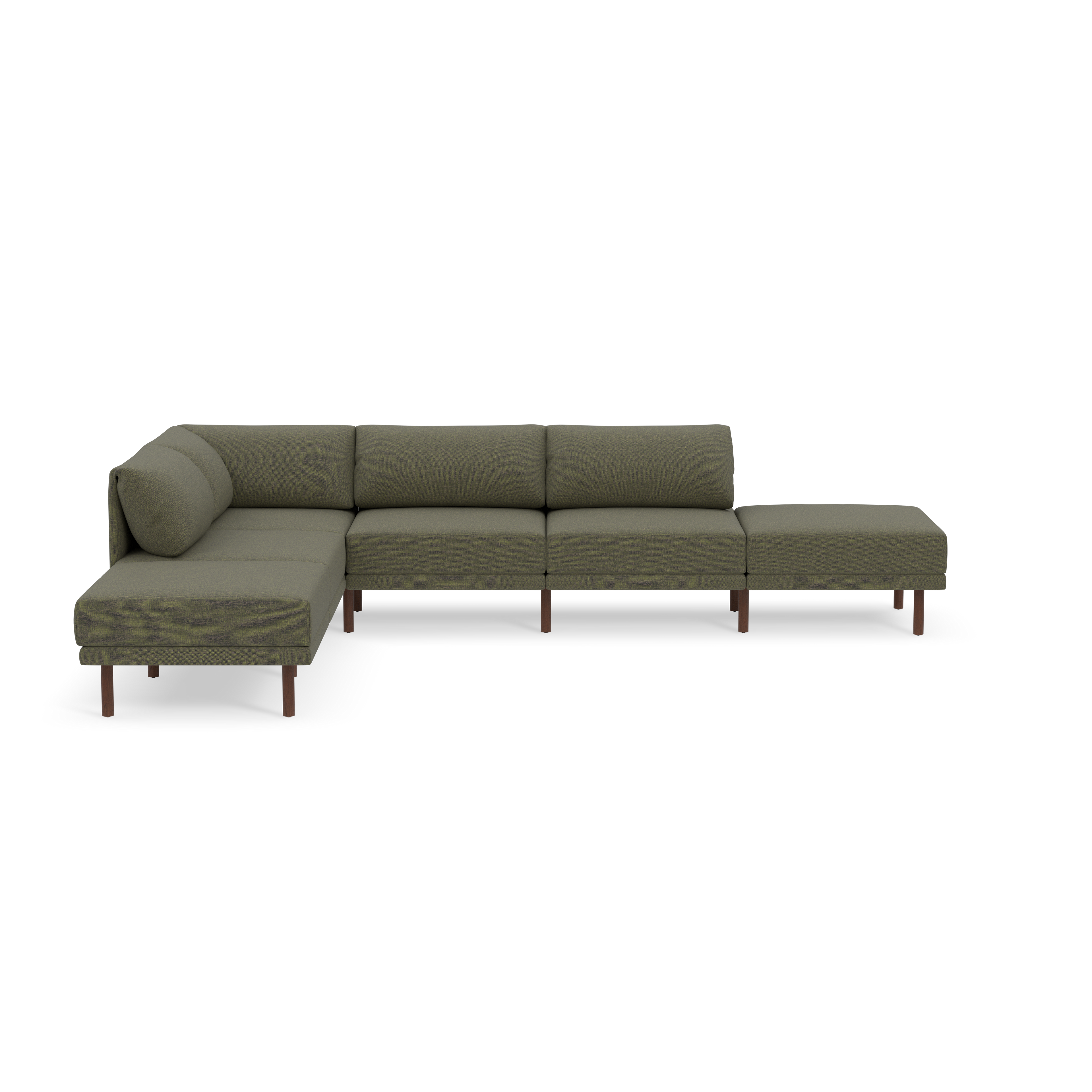 Modern L-shaped sectional sofa with Moss green fabric upholstery and wooden legs, featuring three seat cushions and a chaise lounge.