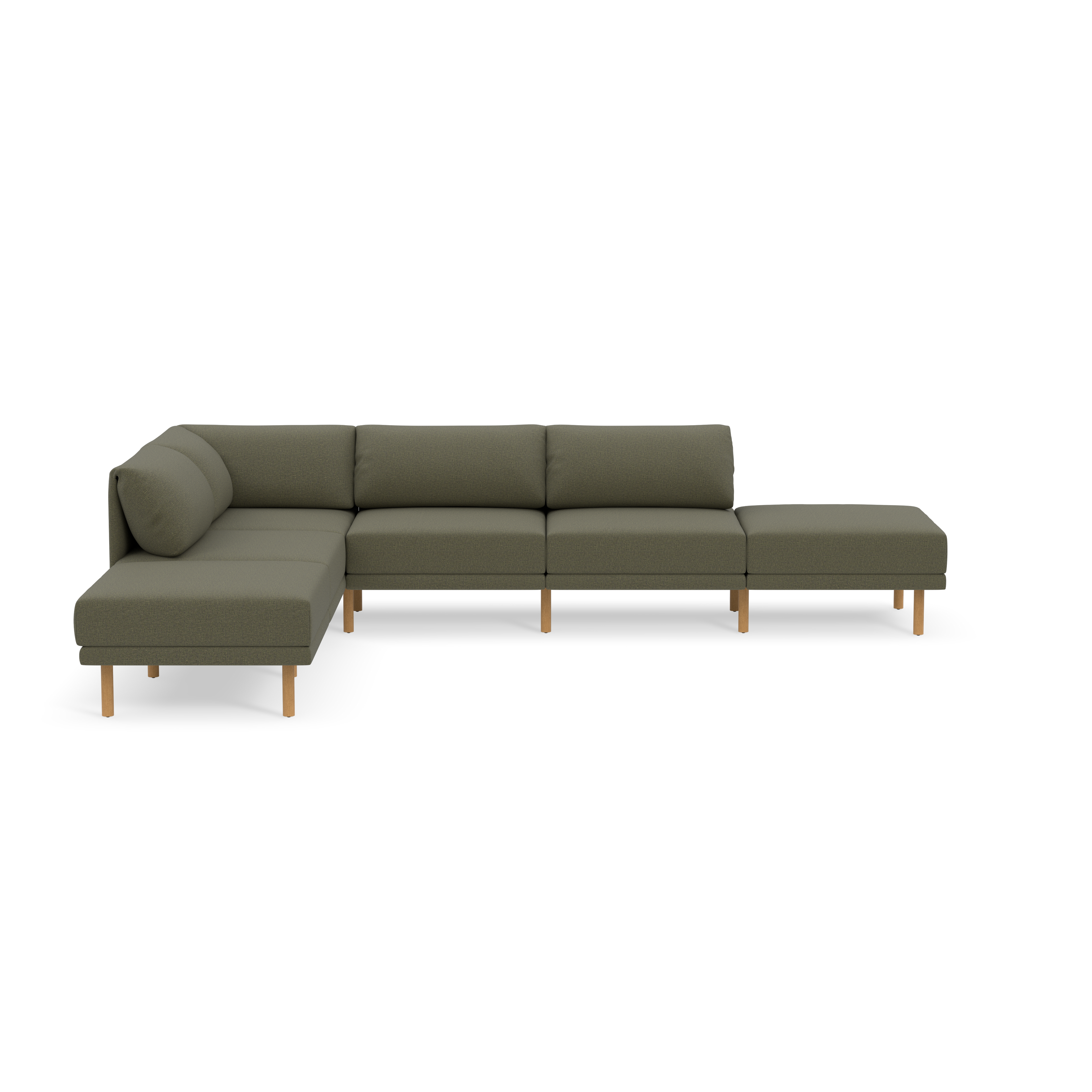 Modern L-shaped sectional sofa with Moss green fabric upholstery and wooden legs, featuring a chaise lounge and ottoman unit.