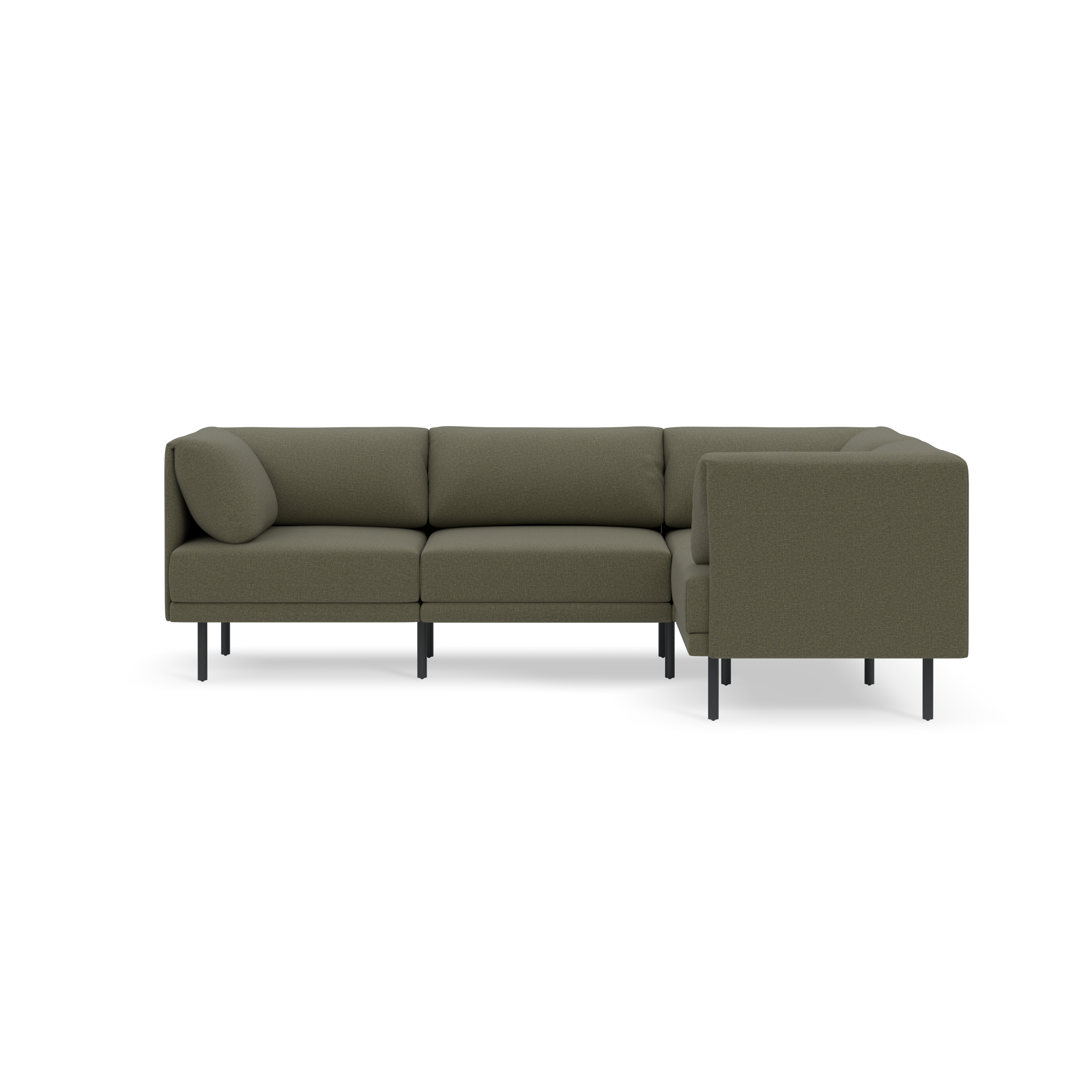 Modern L-shaped sectional sofa in Moss green fabric with slim black metal legs and plush cushions, including a round pillow.