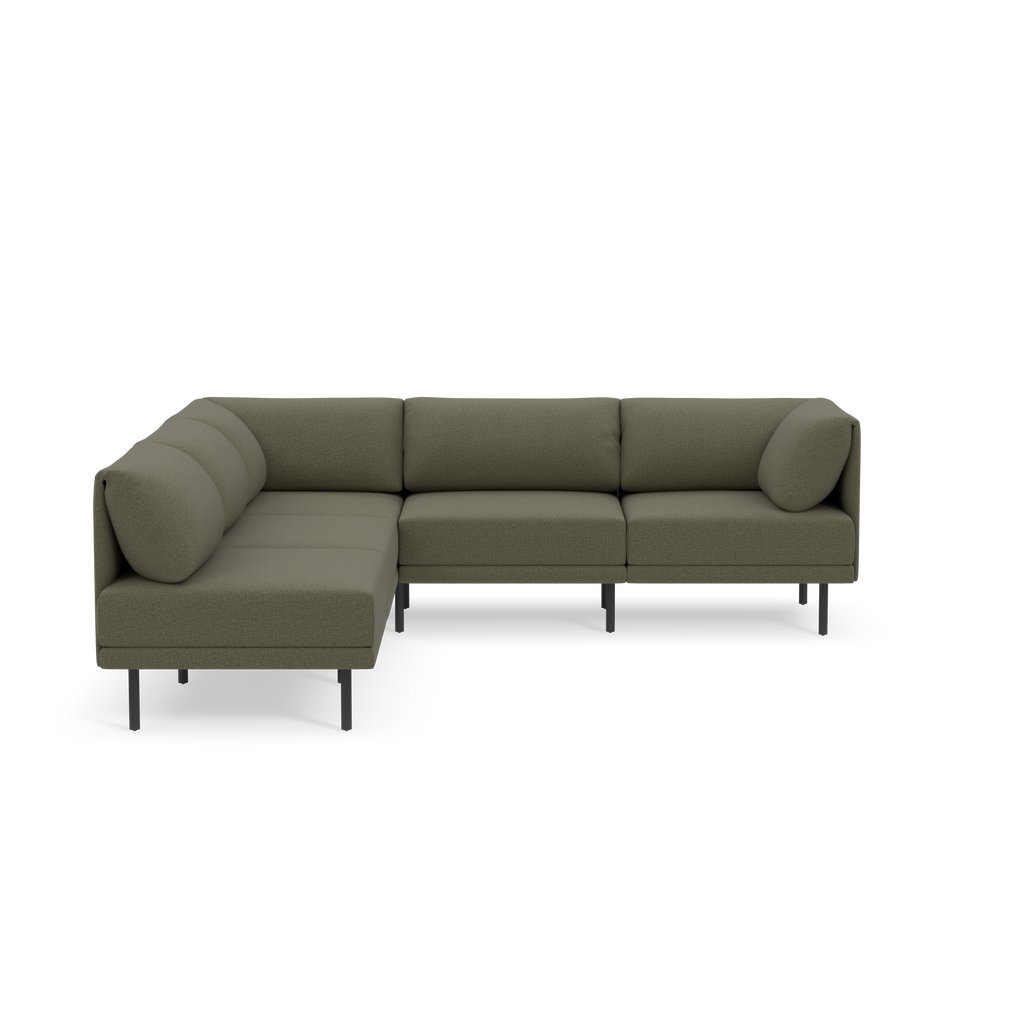 Modern L-shaped sectional sofa in Moss green fabric with clean lines and black metal legs against a black background.