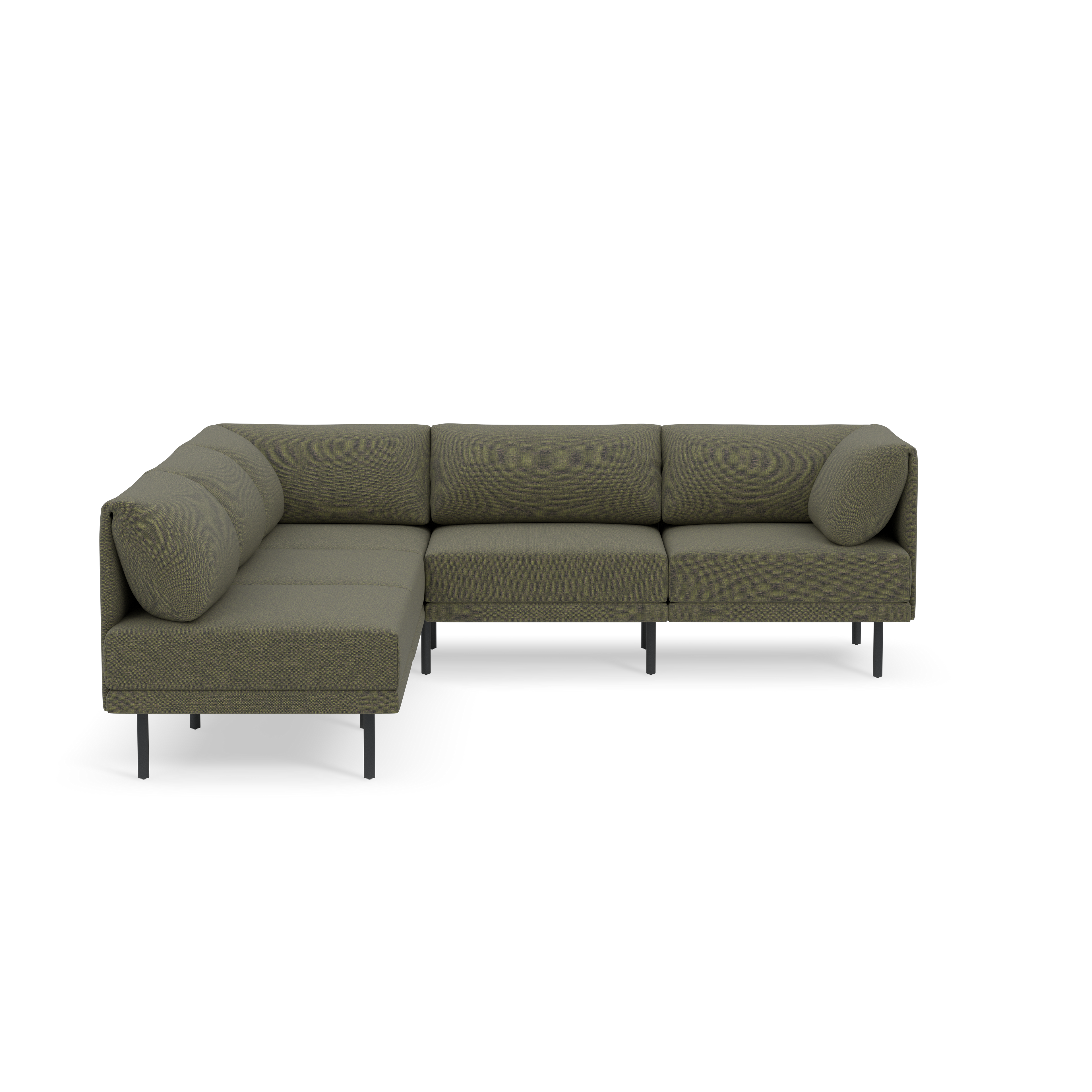 Modern L-shaped sectional sofa in Moss green fabric with clean lines and black metal legs against a black background.