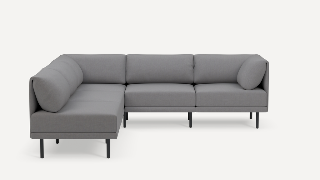 L-shaped modern gray fabric sectional sofa with clean lines and black metal legs, designed for contemporary living spaces.