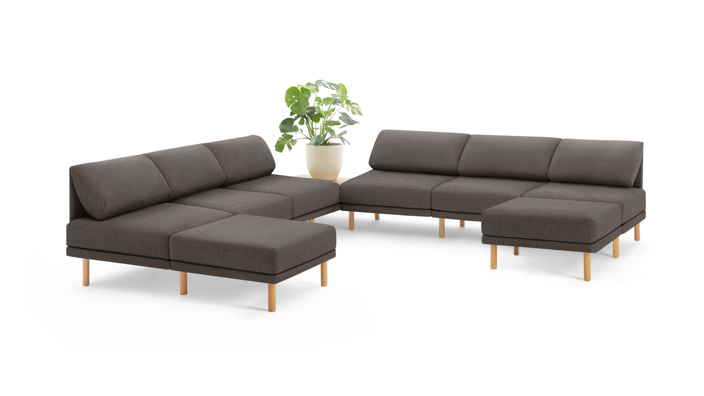 modern l - shaped sectional sofa with wooden legs and dark gray fabric upholstery, featuring a matching chaise lounge and matching ottoman