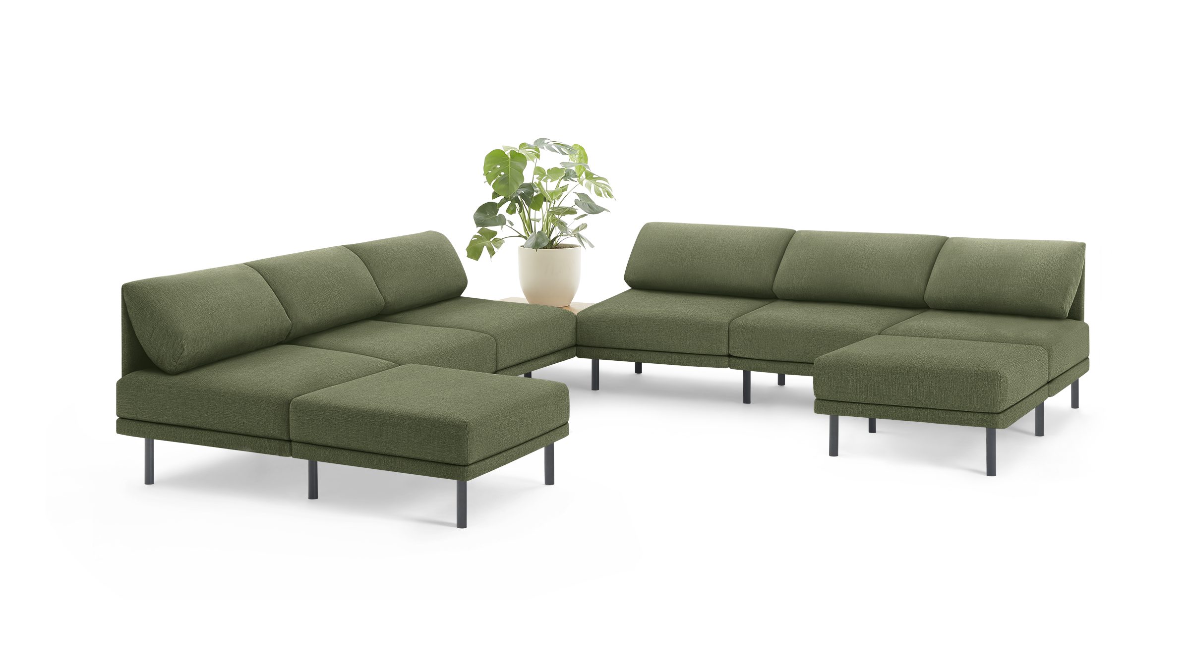 modern olive green fabric sectional sofa with black metal legs and matching ottoman, featuring a plant in a modern design