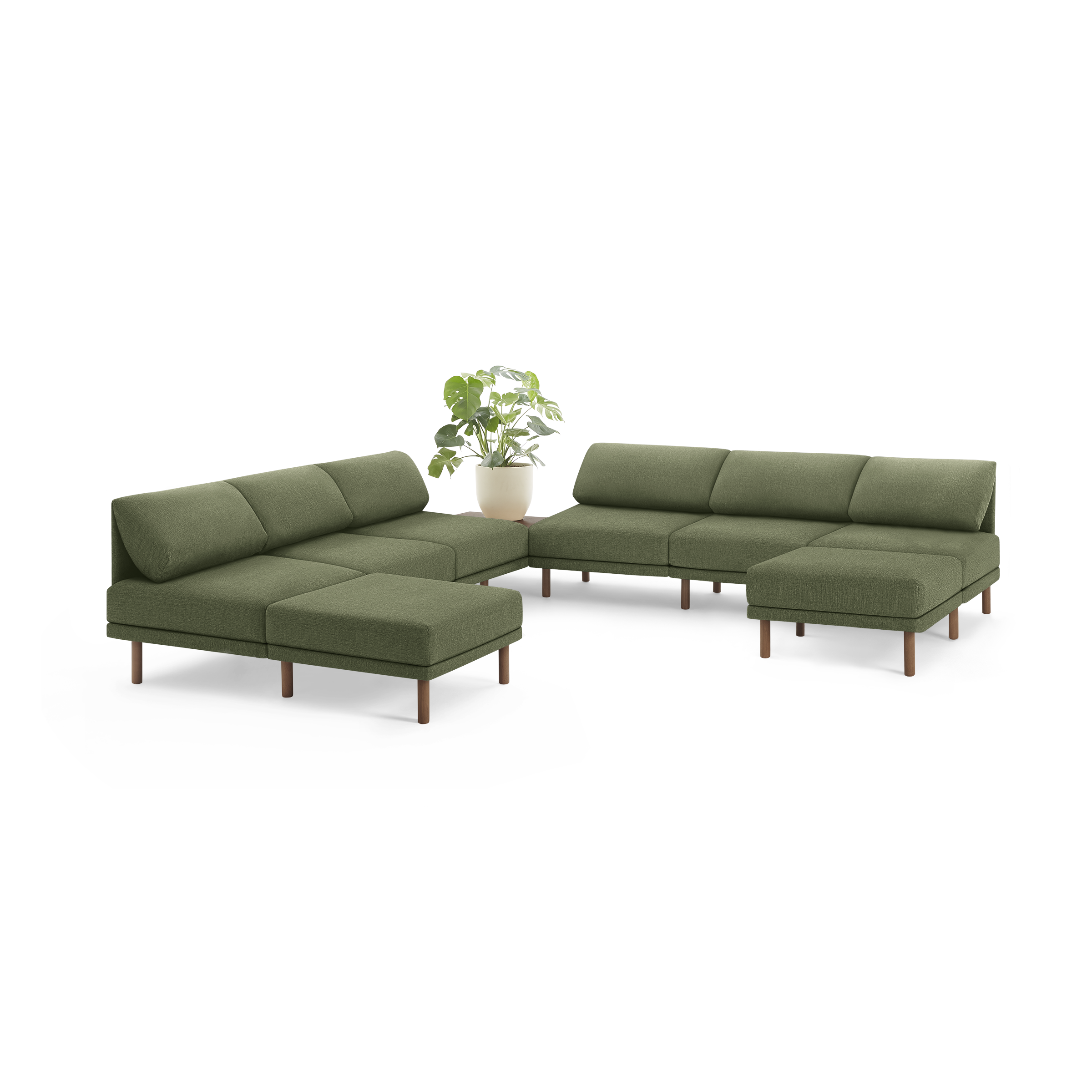 modern olive green l - shaped sectional sofa with wooden legs and matching ottoman, featuring a sleek design and clean lines