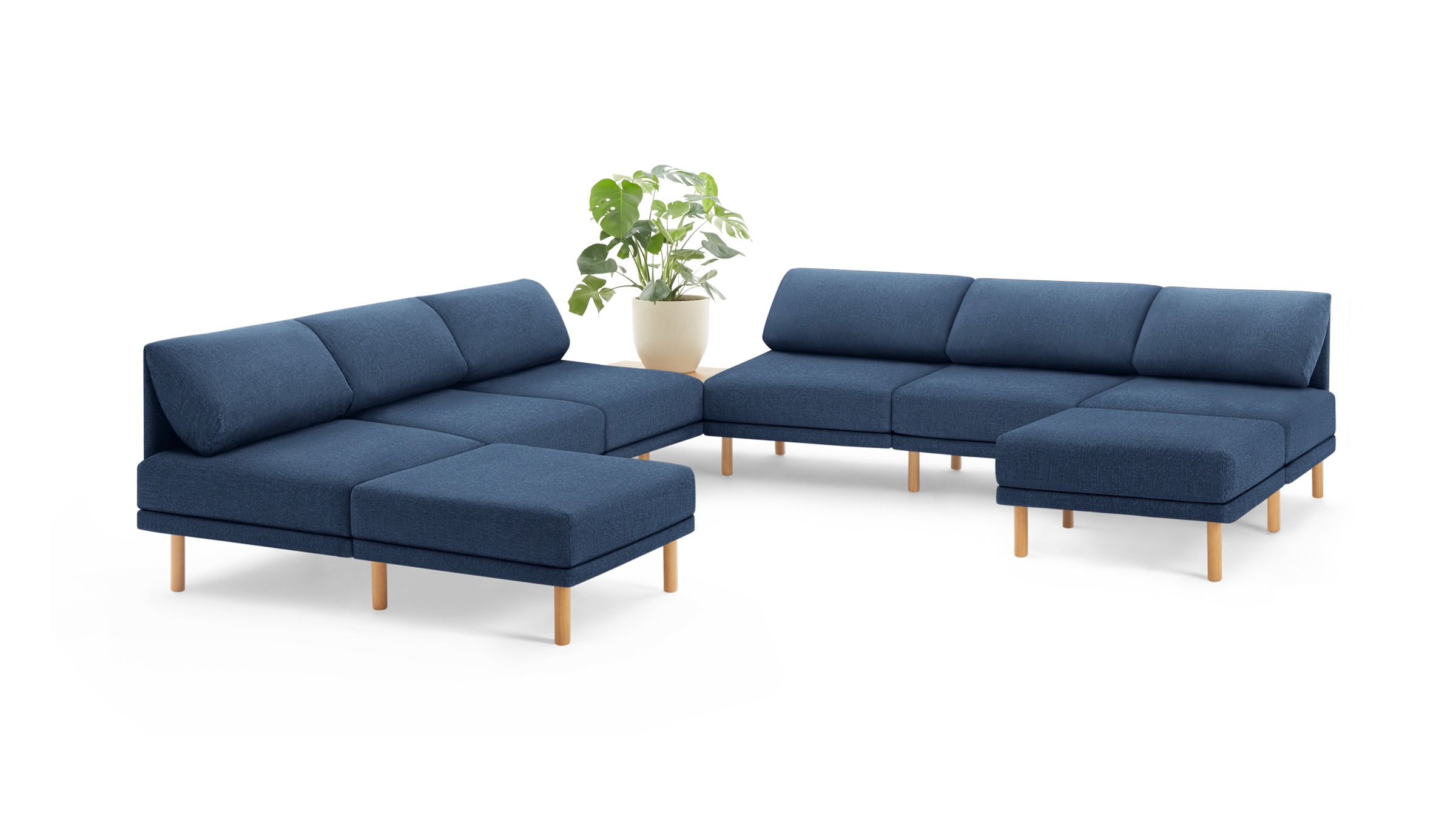 modern blue fabric sectional sofa with wooden legs and matching cushions, featuring a matching chaise lounge and matching ottoman