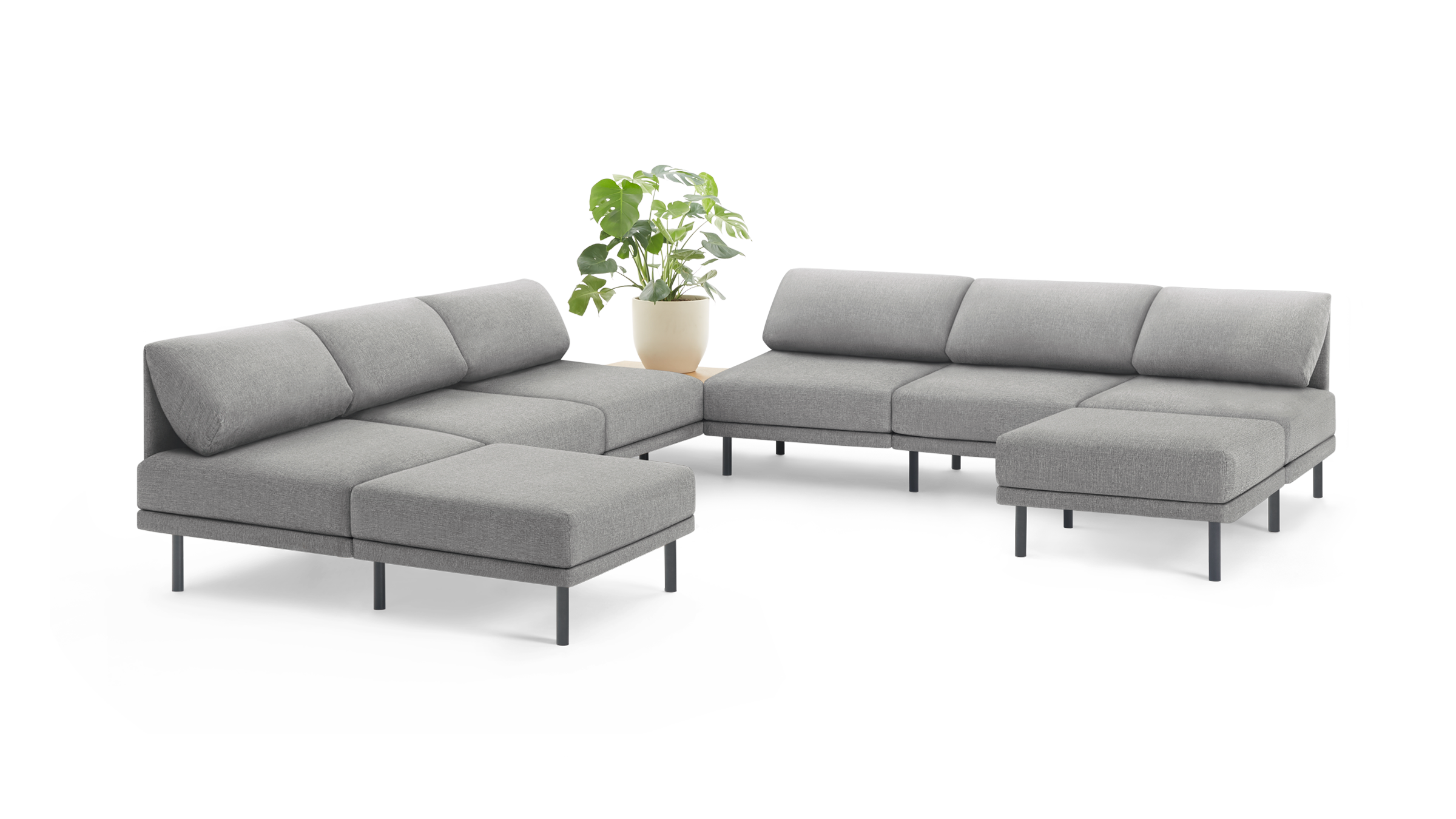 modern light gray fabric sectional sofa with matching ottoman, featuring a sleek metal frame, and matching cushioned cushions