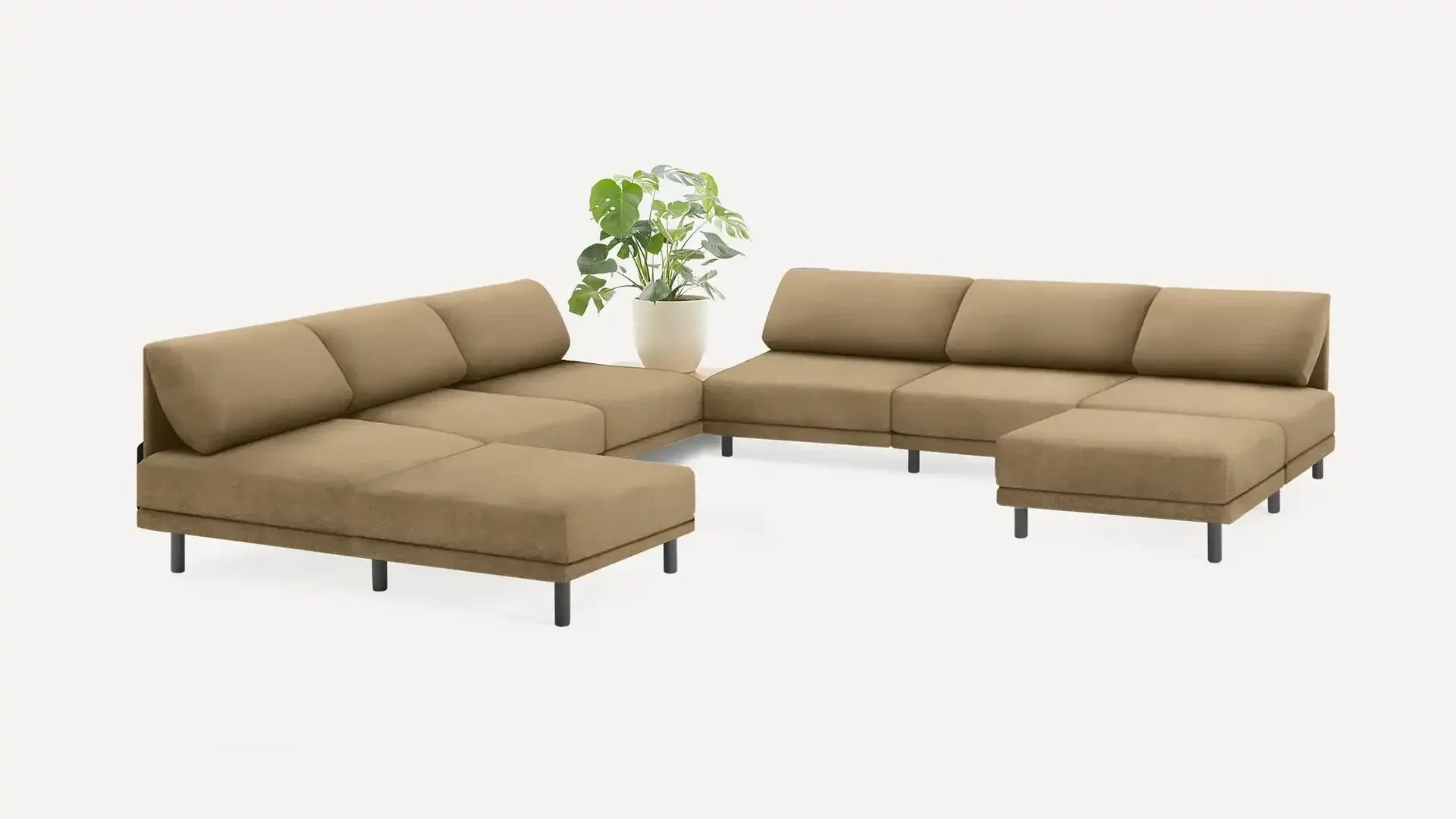 modern sectional sofa with beige fabric upholster and black metal legs
