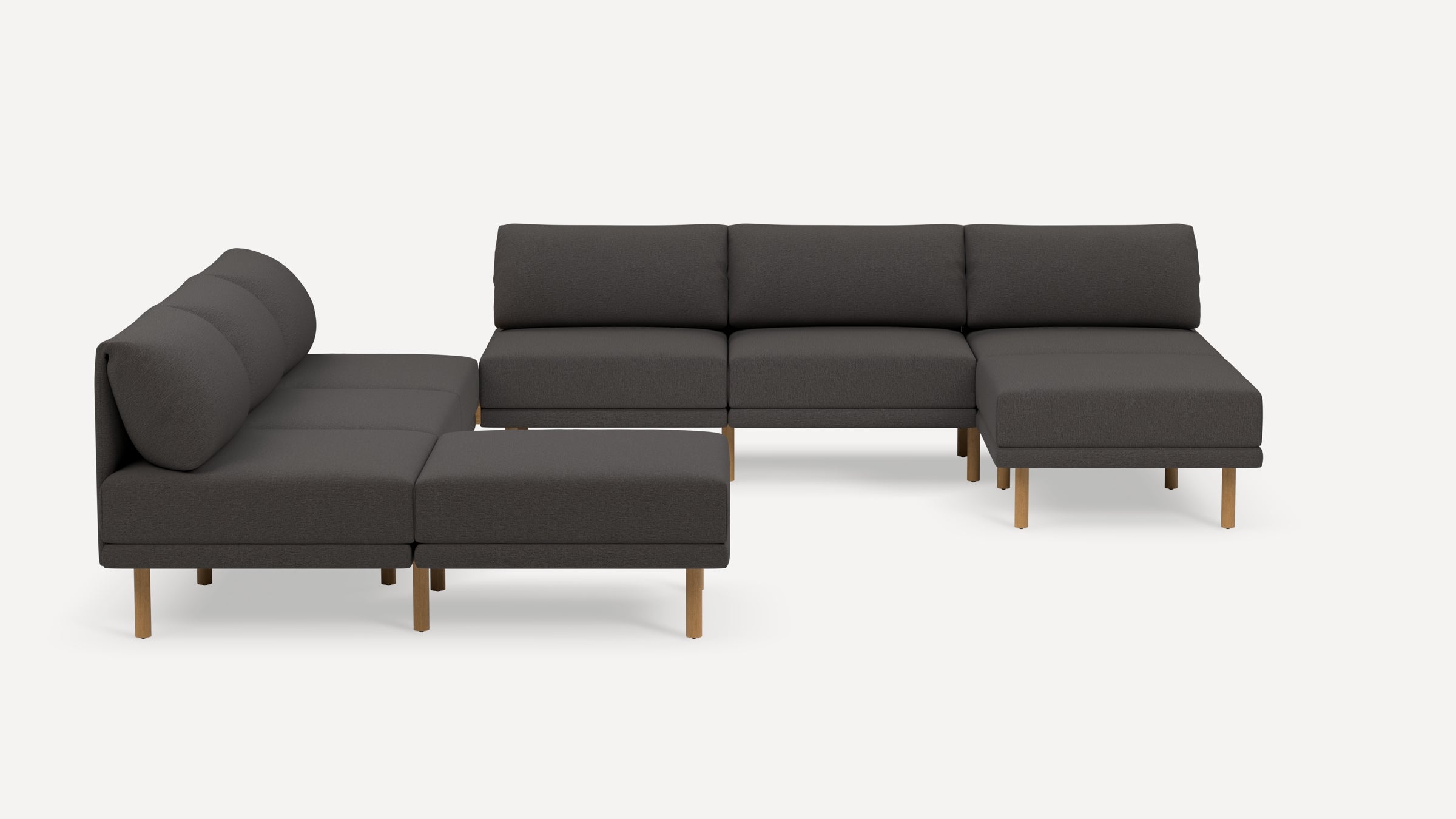 Modern dark gray fabric sectional sofa with wooden legs, featuring a left chaise lounge and clean, minimalist design.