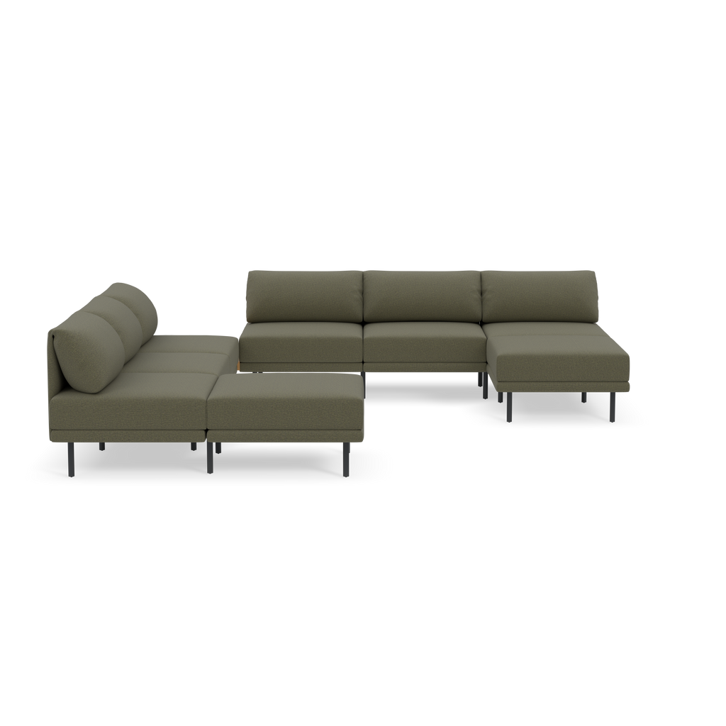 Modern L-shaped sectional sofa in muted Moss green fabric with cushioned seats and black metal legs, designed for spacious seating.