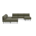 Modern L-shaped sectional sofa in muted Moss green fabric with cushioned seats and black metal legs, designed for spacious seating.