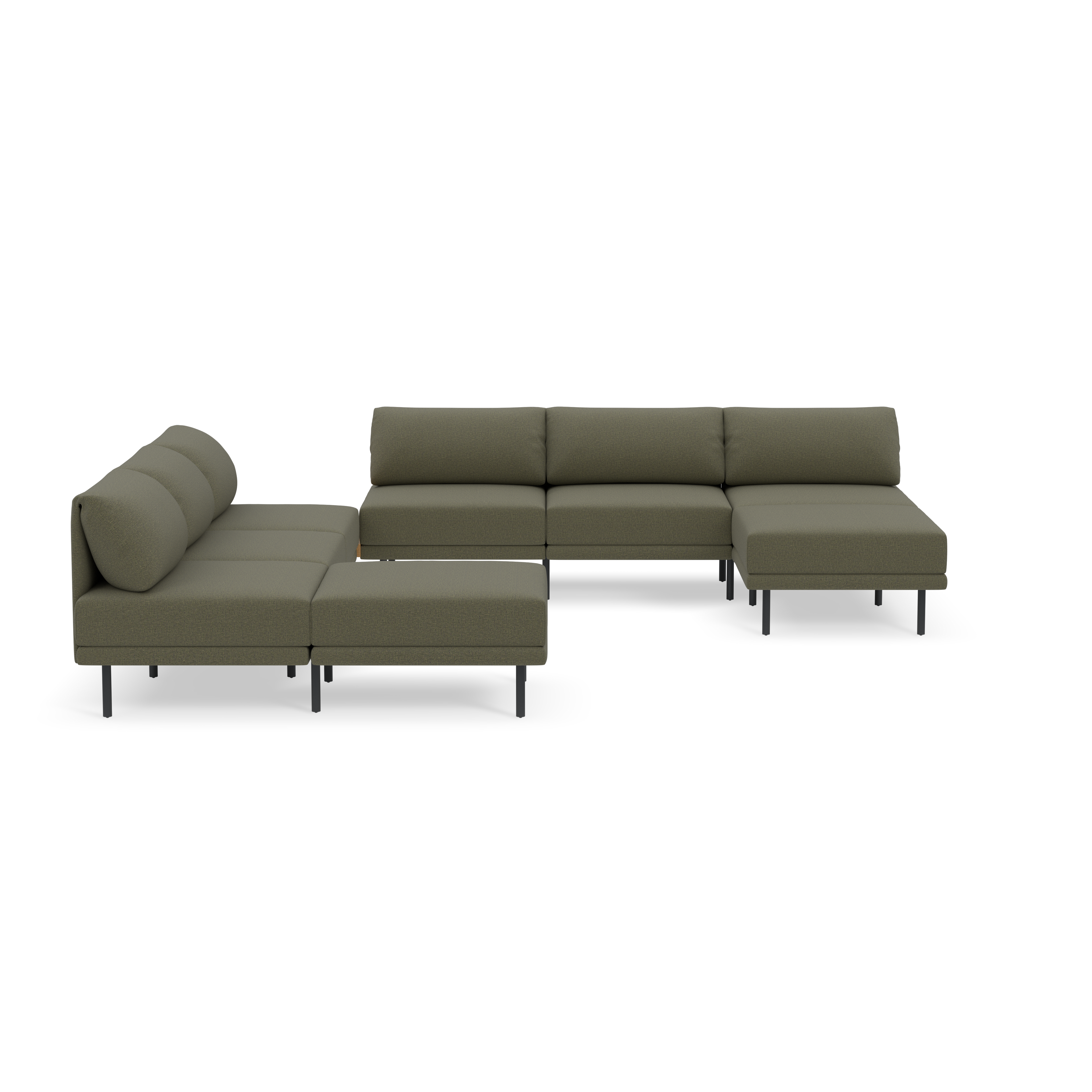 Modern L-shaped sectional sofa in muted Moss green fabric with cushioned seats and black metal legs, designed for spacious seating.