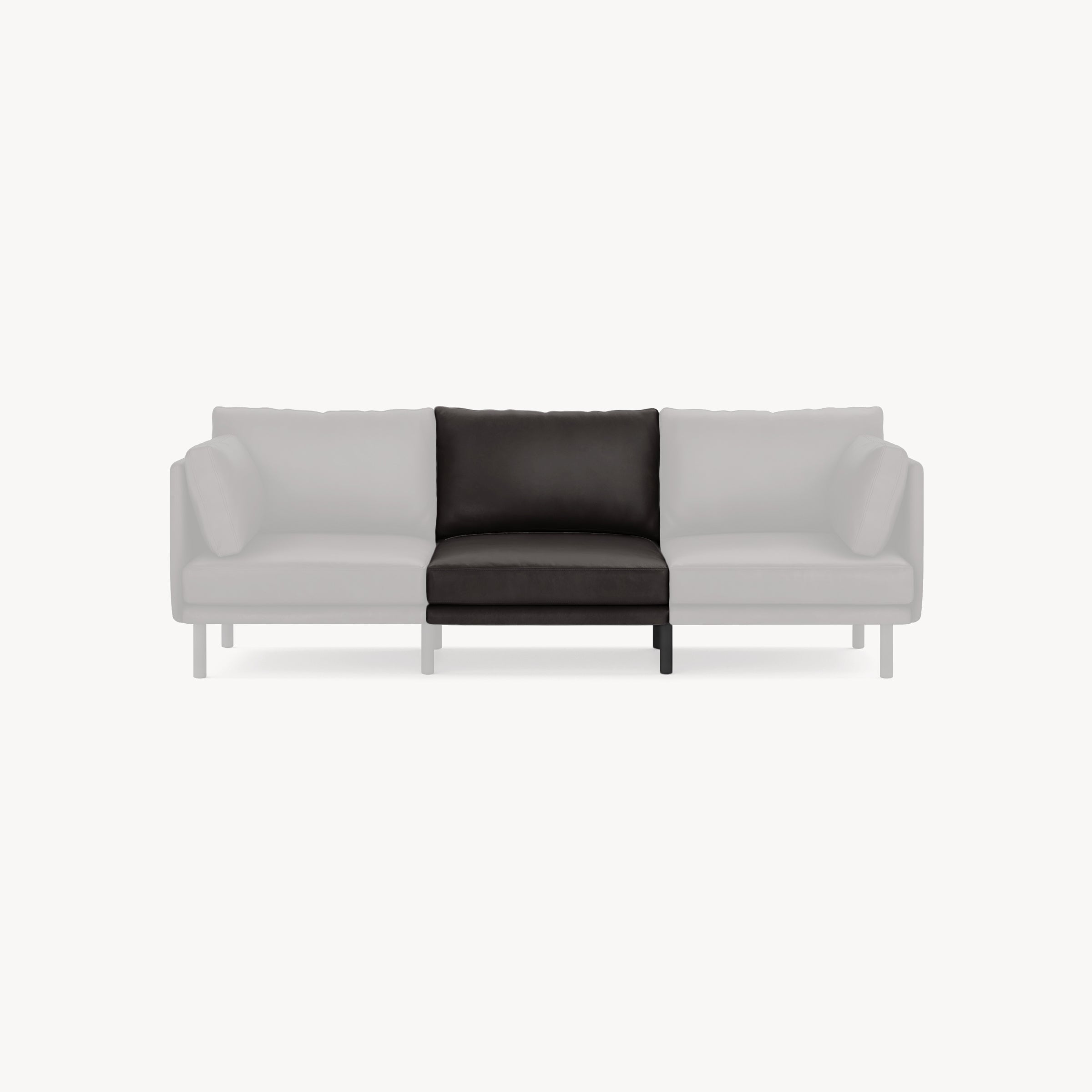 Mid-century modern black leather sofa cushion and backrest unit isolated on white background.