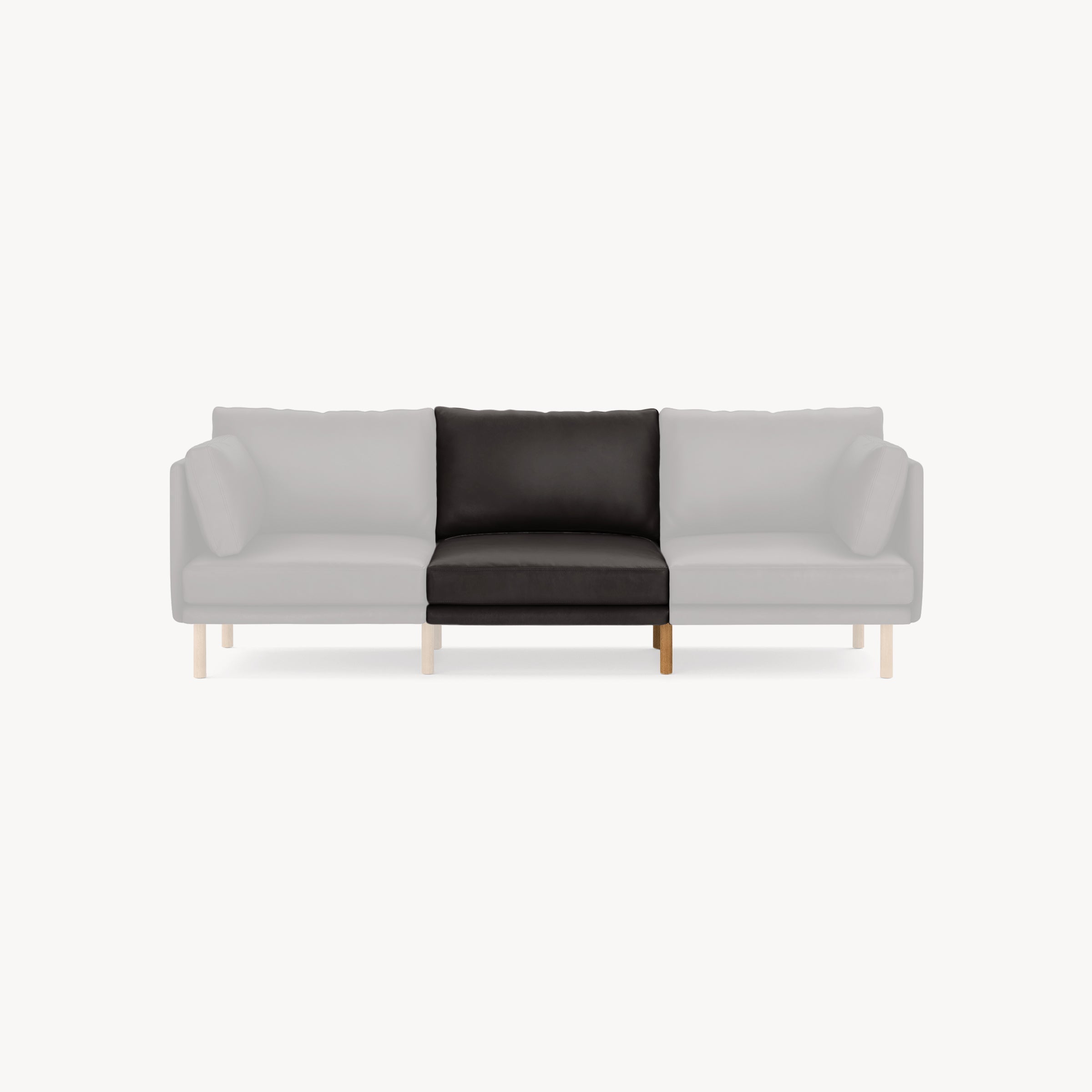 Modern black leather middle section of a modular sofa with visible wooden legs on a plain white background.