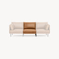 Front view of a modern sofa with a central seat cushion in tan leather and the surrounding cushions in light beige fabric.