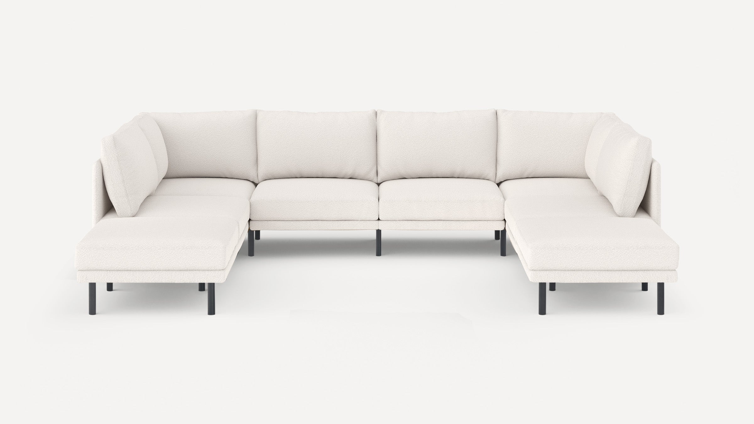 Modern white sectional sofa with soft cushions and black metal legs, featuring two chaise lounges on each end.