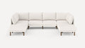 Large modern U-shaped sectional sofa in white fabric with wooden legs, featuring cushioned seats and backrests.