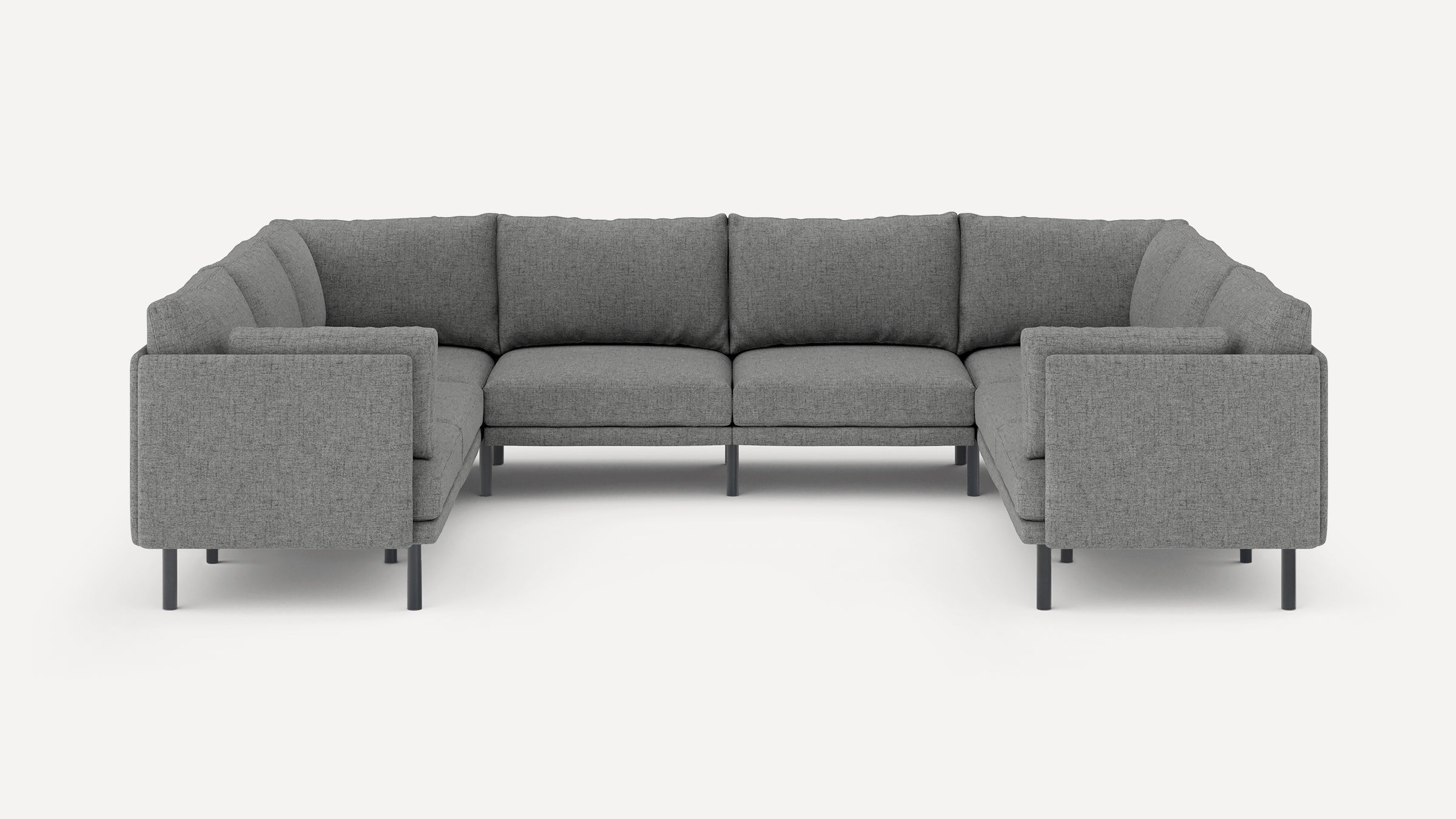 Modern gray fabric U-shaped sectional sofa with metal legs and cushioned seats and backs.